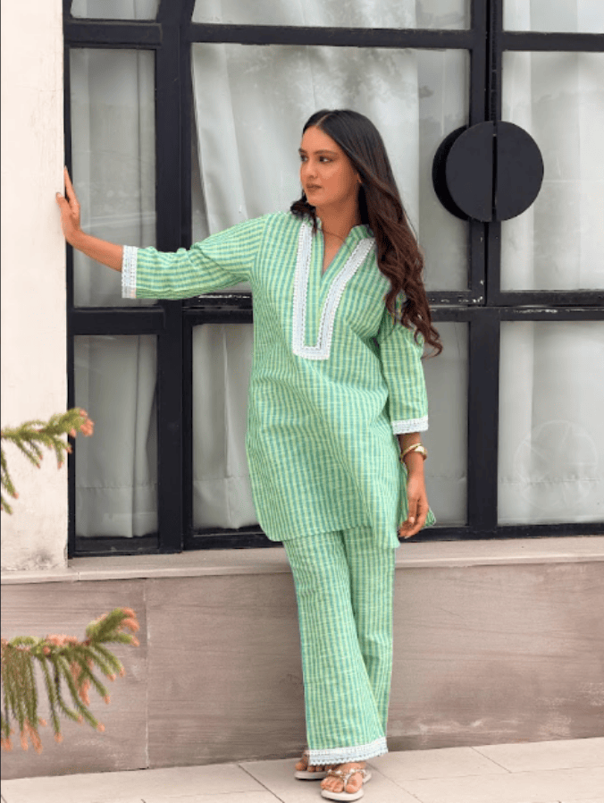 Cotton Striped Co-ord Set with Lace Detail - Green