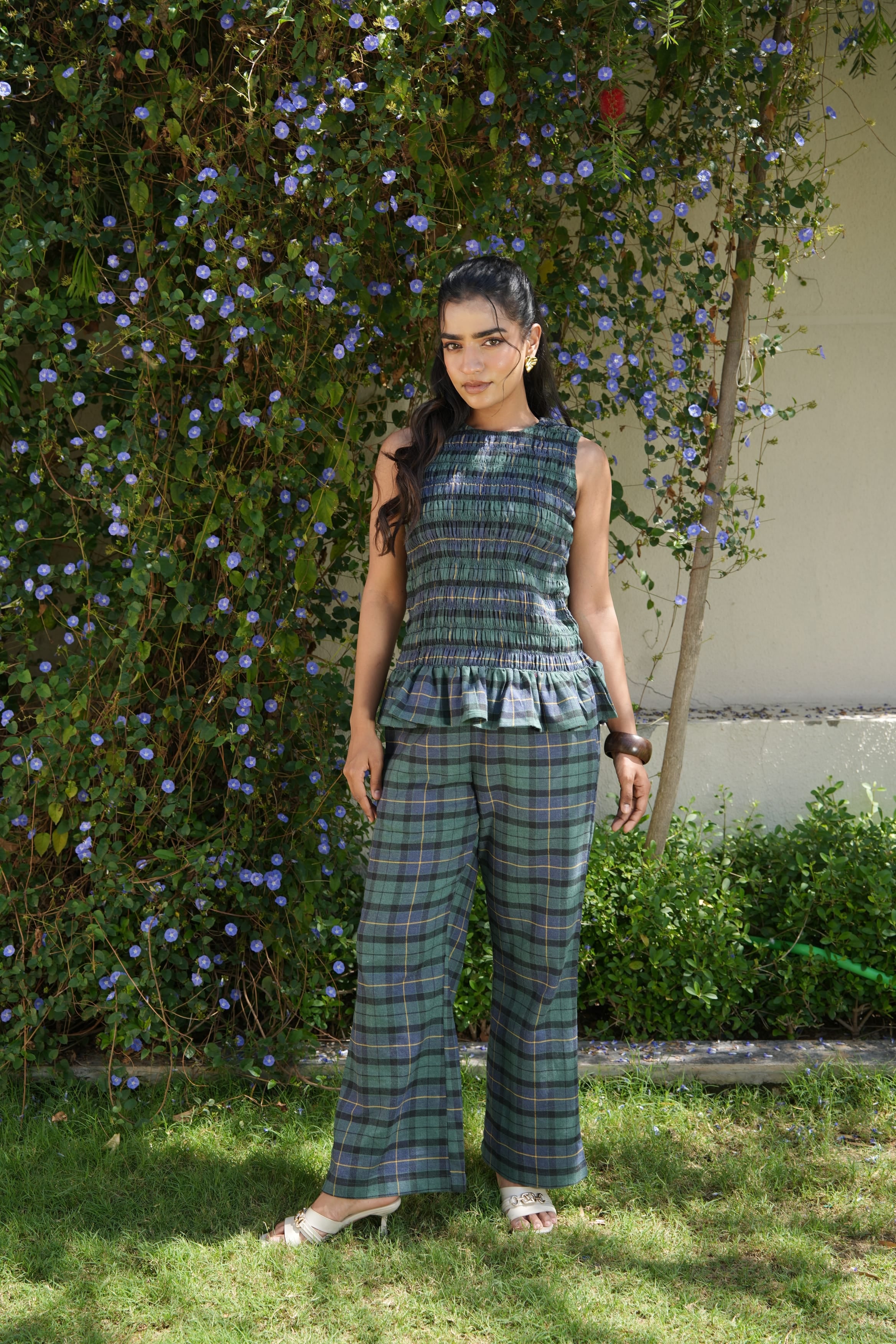 Smoked Top with Flared Pants - Green & Blue