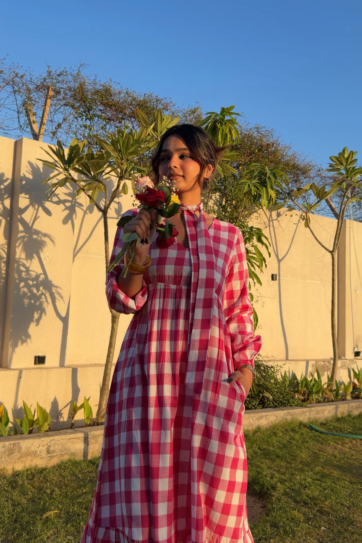 Gingham Full Dress - Pink