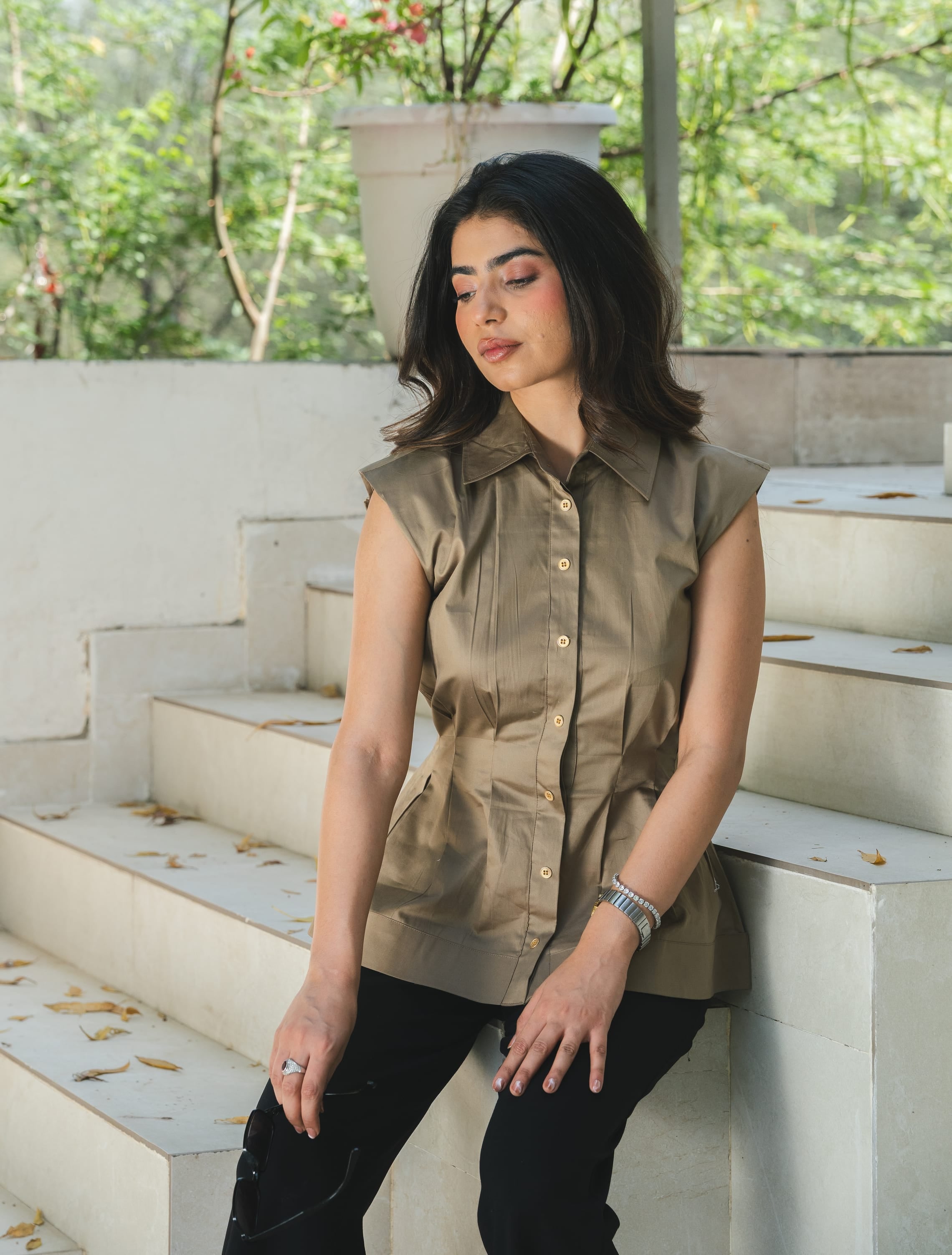 Cotton Satin Clinched Waist Top - Muted Brown