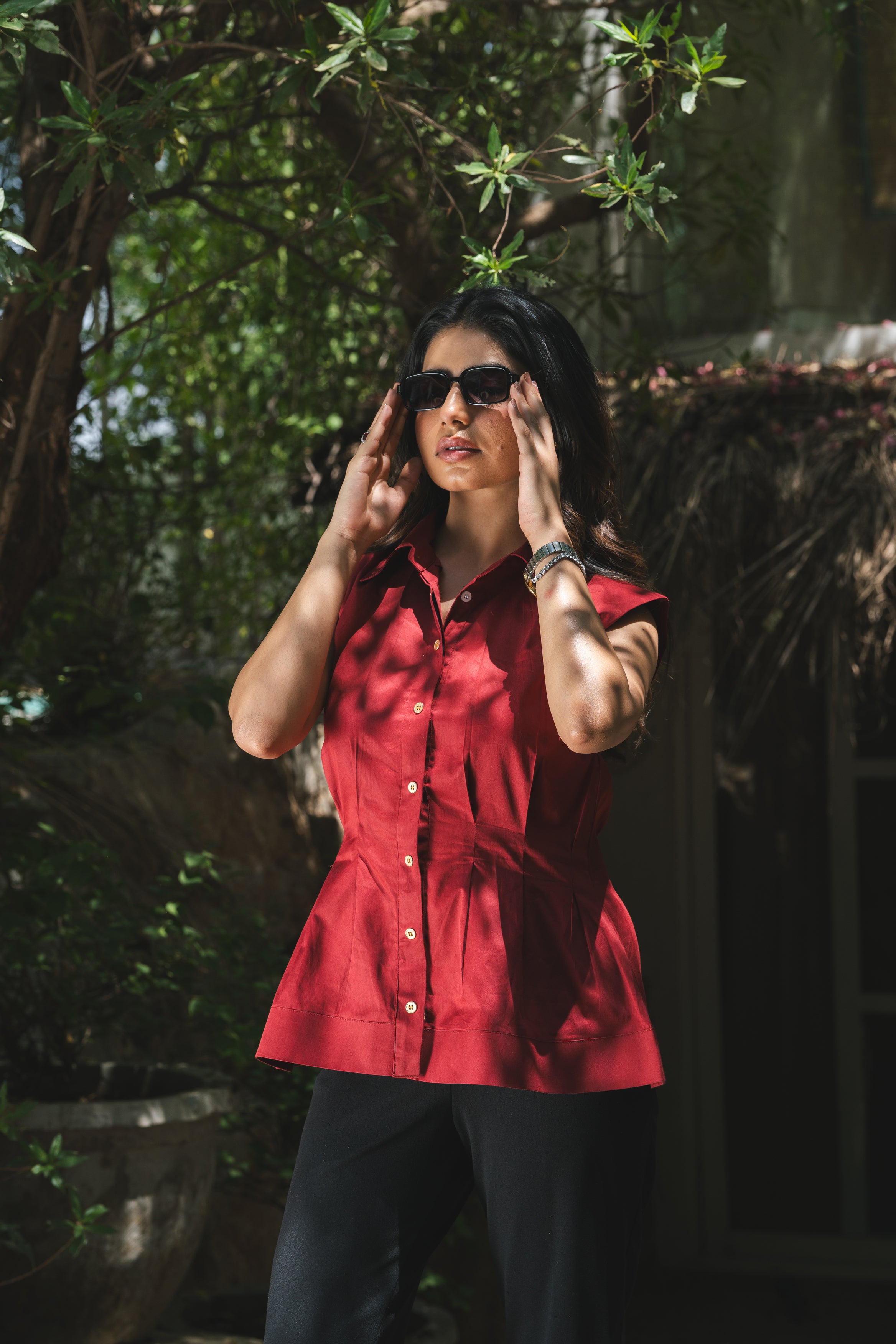 Cotton Satin Clinched Waist Top - Ruby