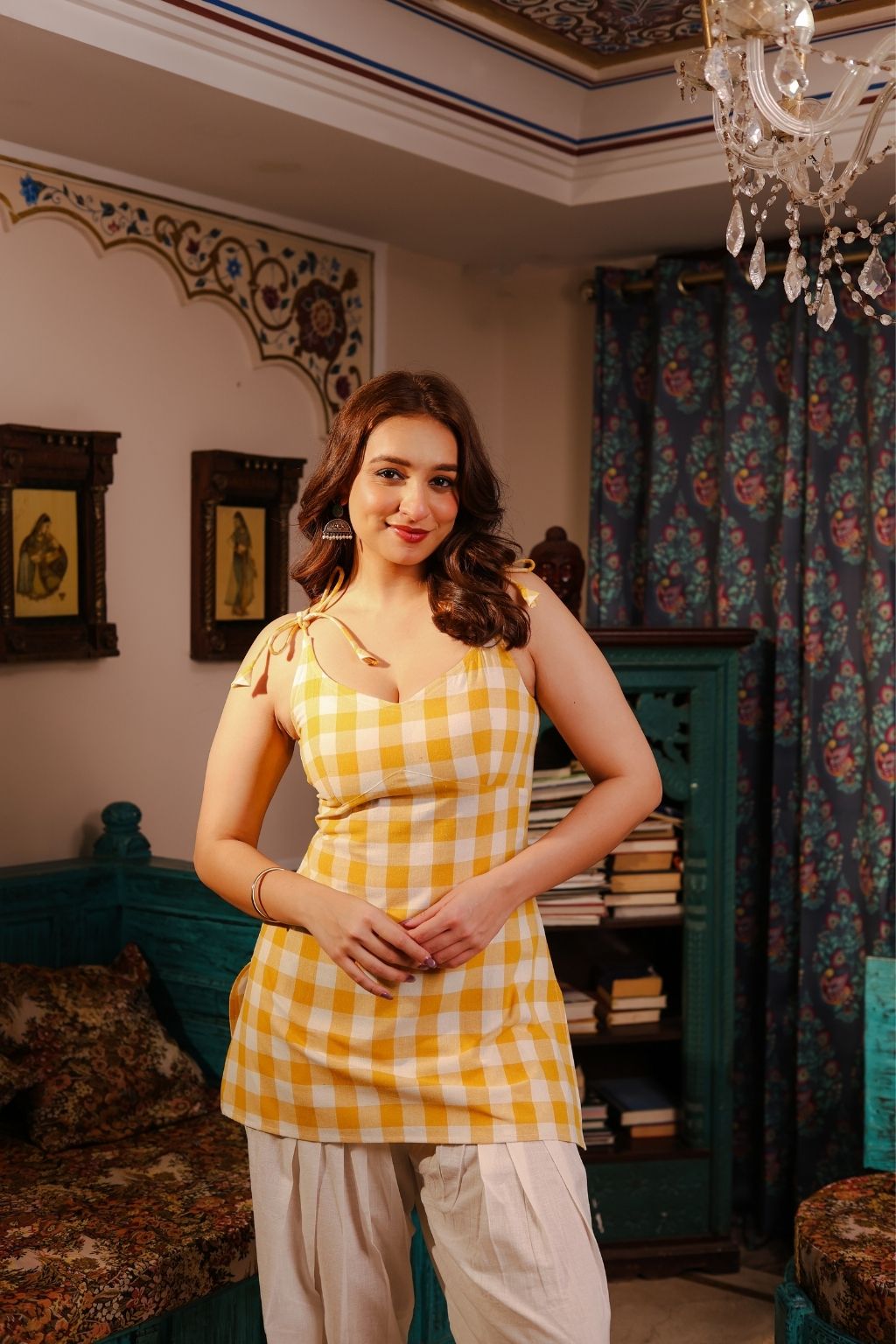 gingham tie up shoulder corset kurti- orange