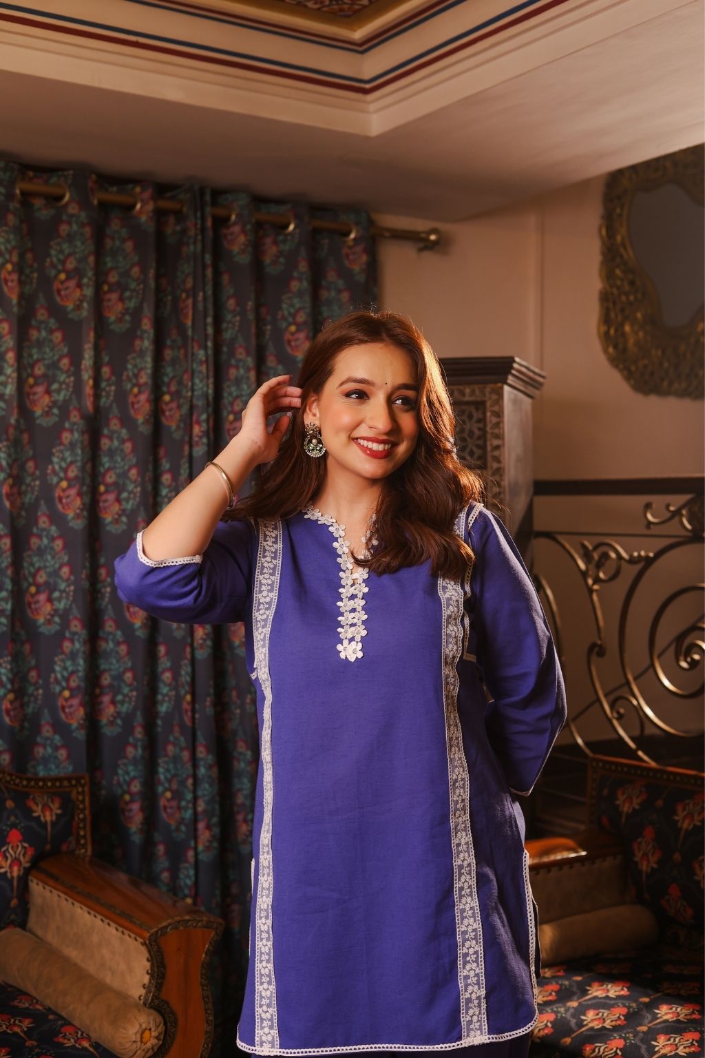 Meher cotton linen lace co ord set- blue
