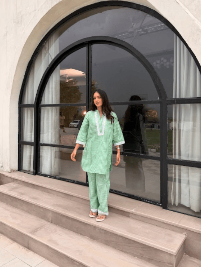 Cotton Striped Co-ord Set with Lace Detail - Green