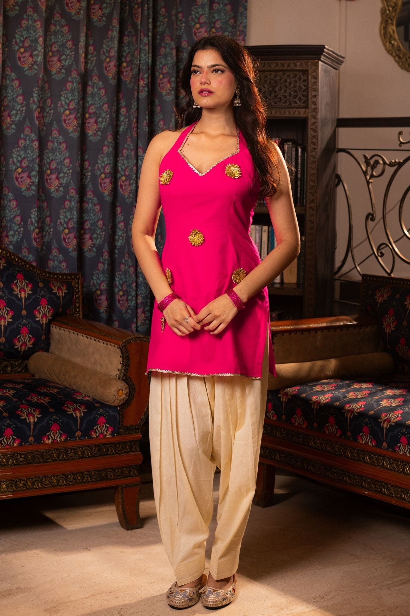 bebo cotton halter gotapatti kurti with necktie- pink