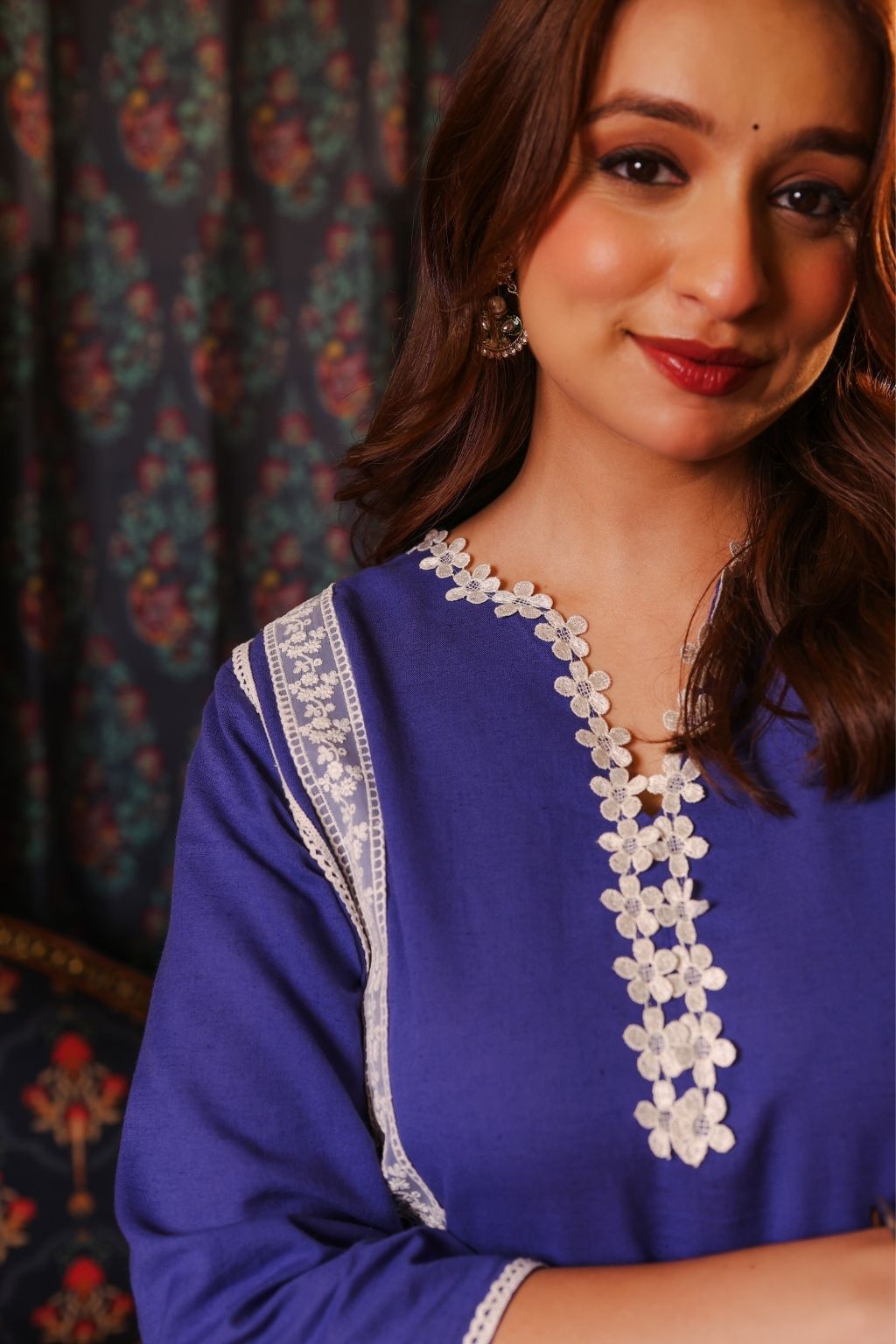 Meher cotton linen lace co ord set- blue