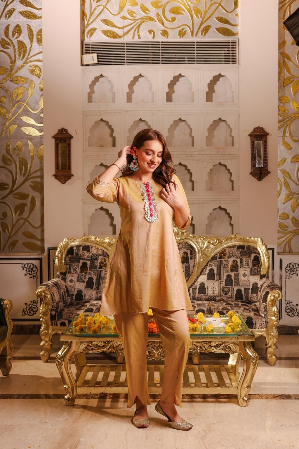 Champagne silk short kurti with tulip pants