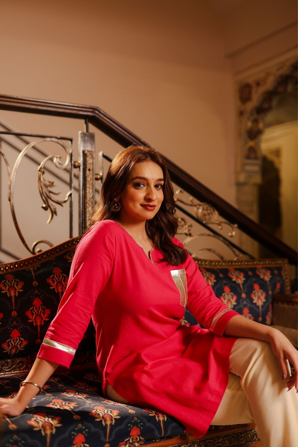 noor cotton linen gota patti kurti co ord- rani pink
