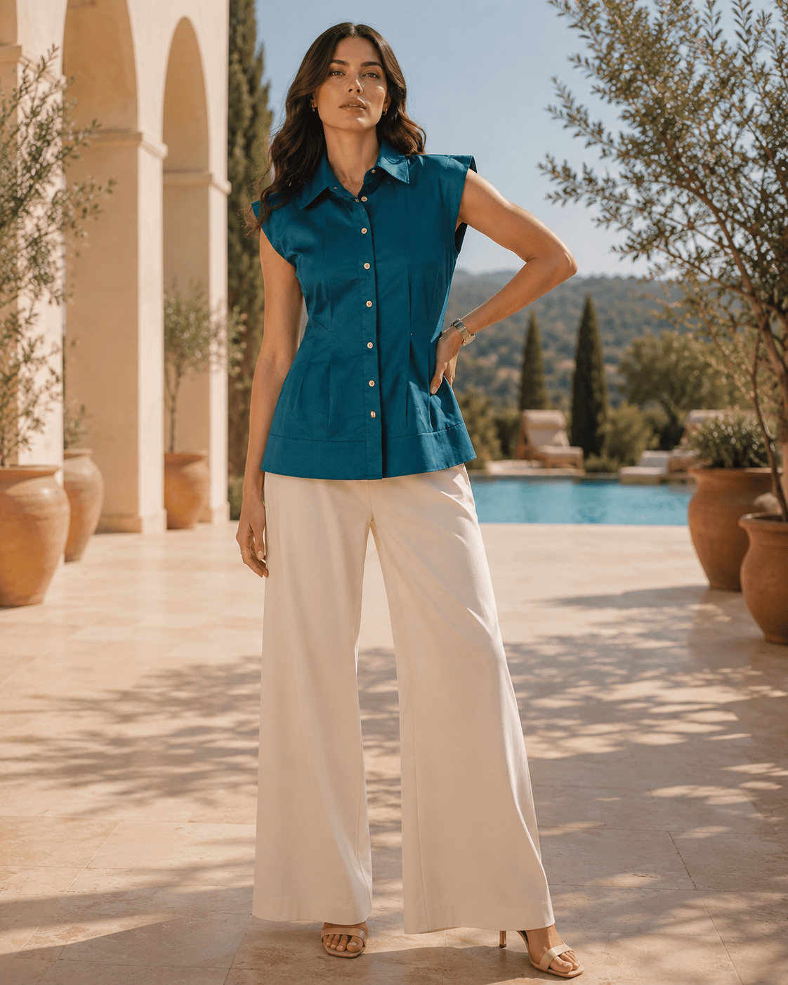 Cotton Satin Clinched Waist Top - Teal