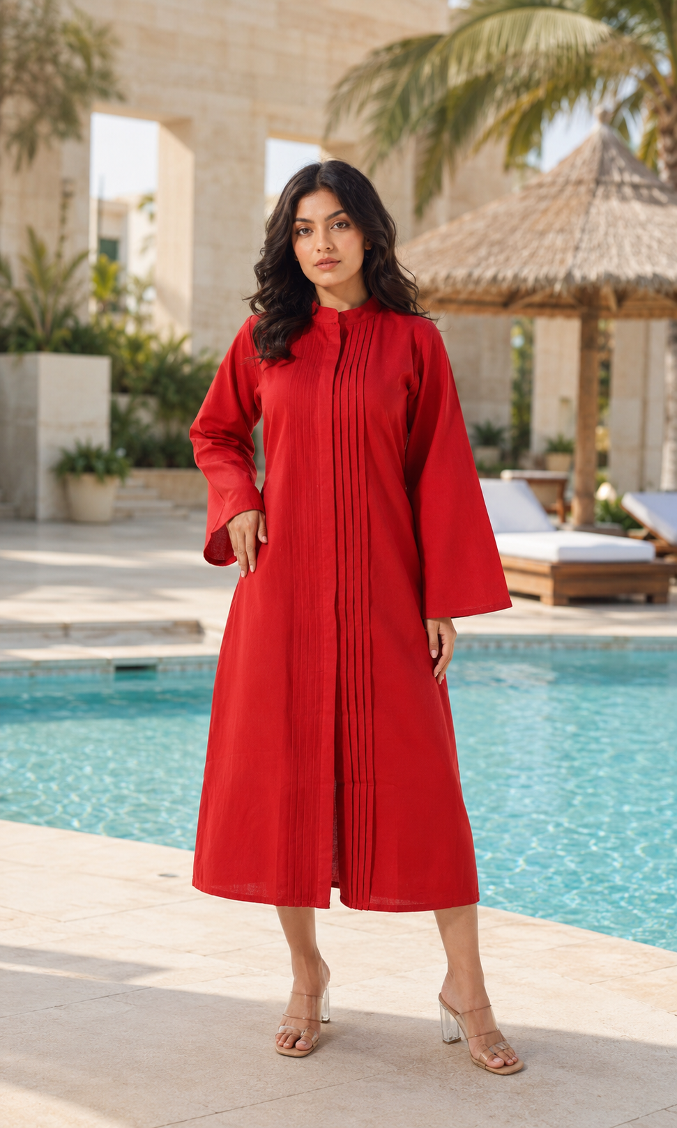 Pleated Long Kurta - Red