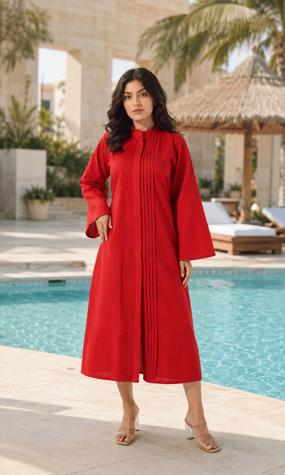 Pleated Long Kurta - Red