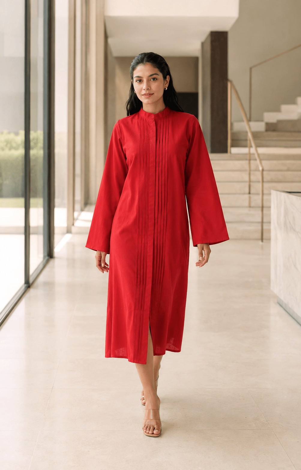 Pleated Long Kurta - Red