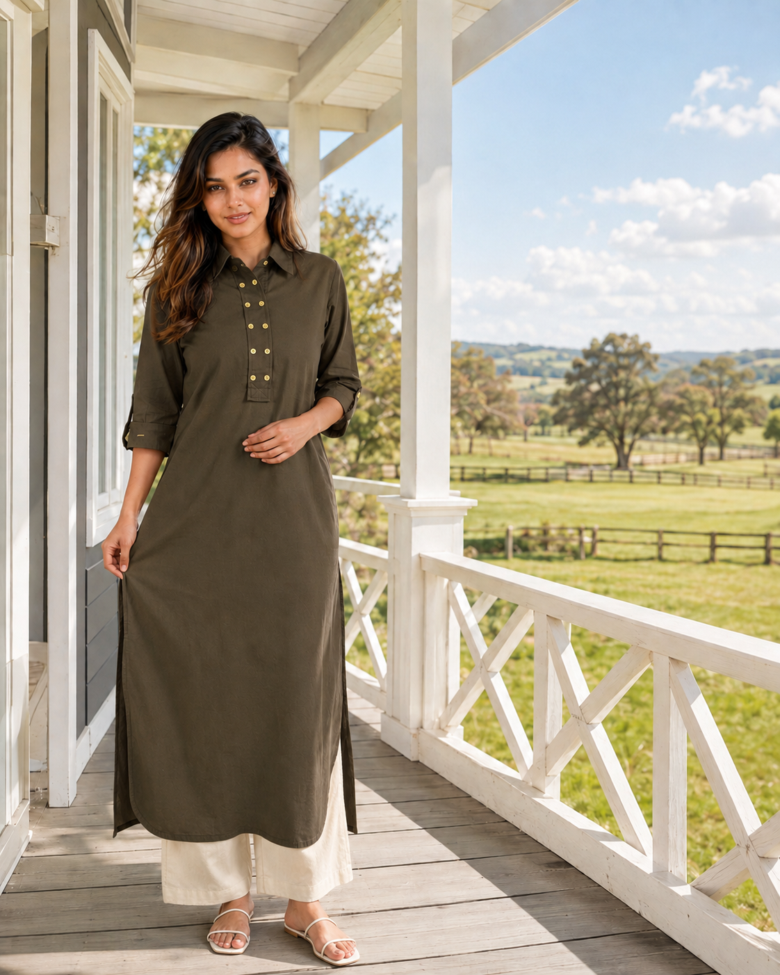 Sunehri Kurta - Olive Green