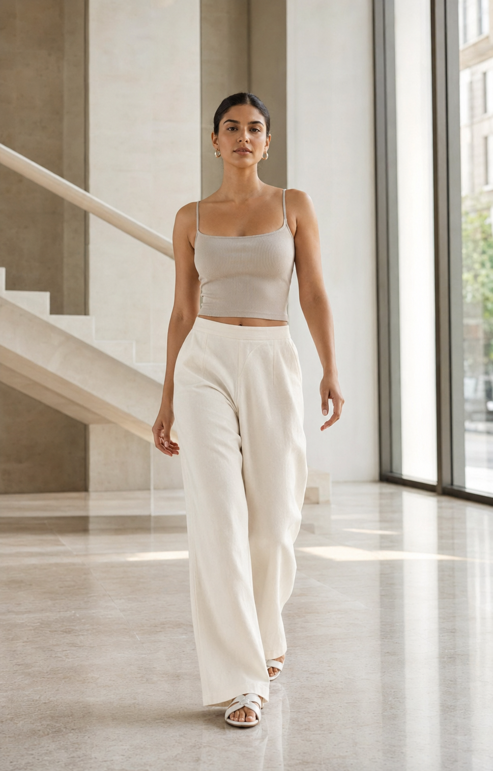 Cotton Linen Flared Pants - Ecru
