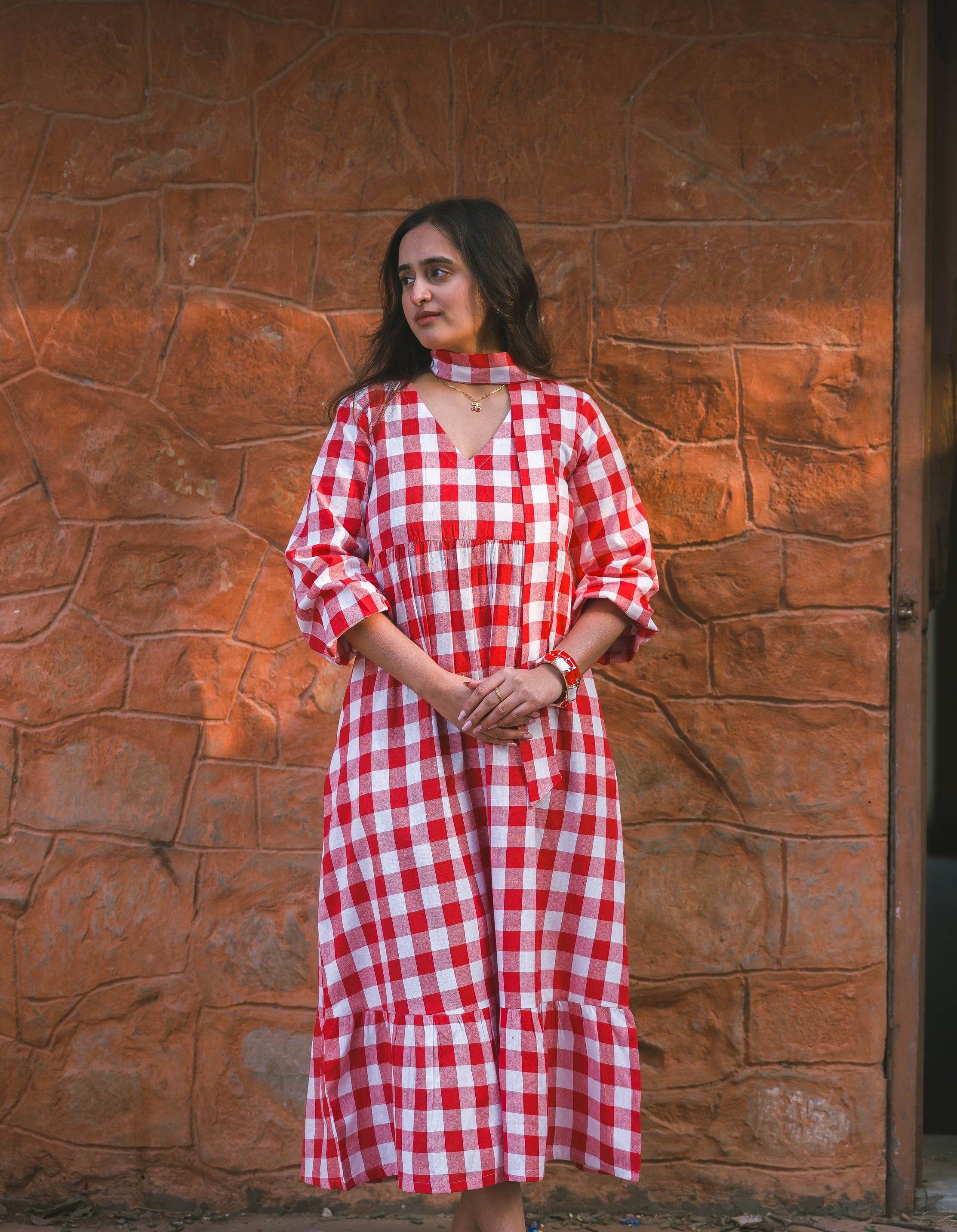 Gingham Full Dress - Red
