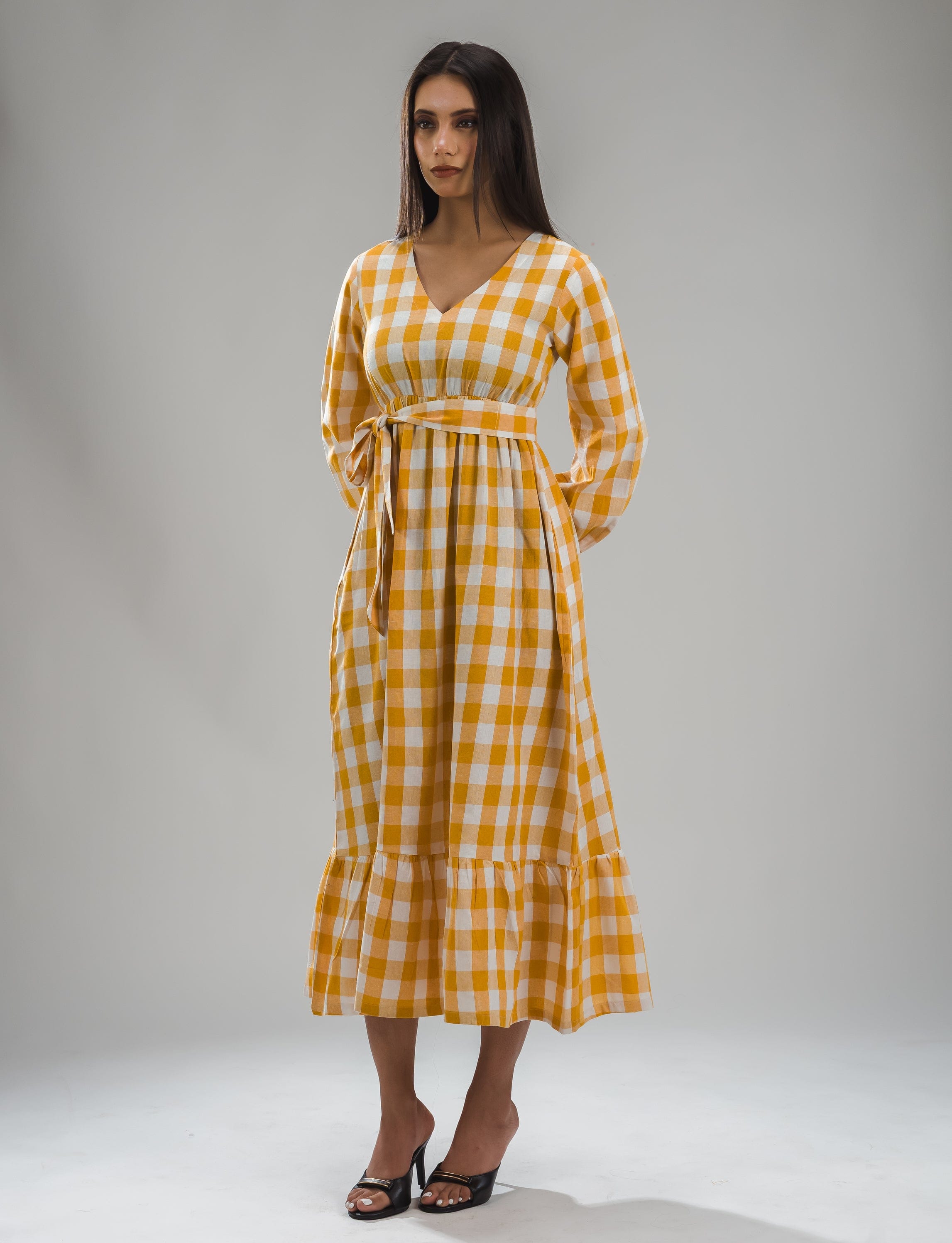 Gingham Full Dress - Orange