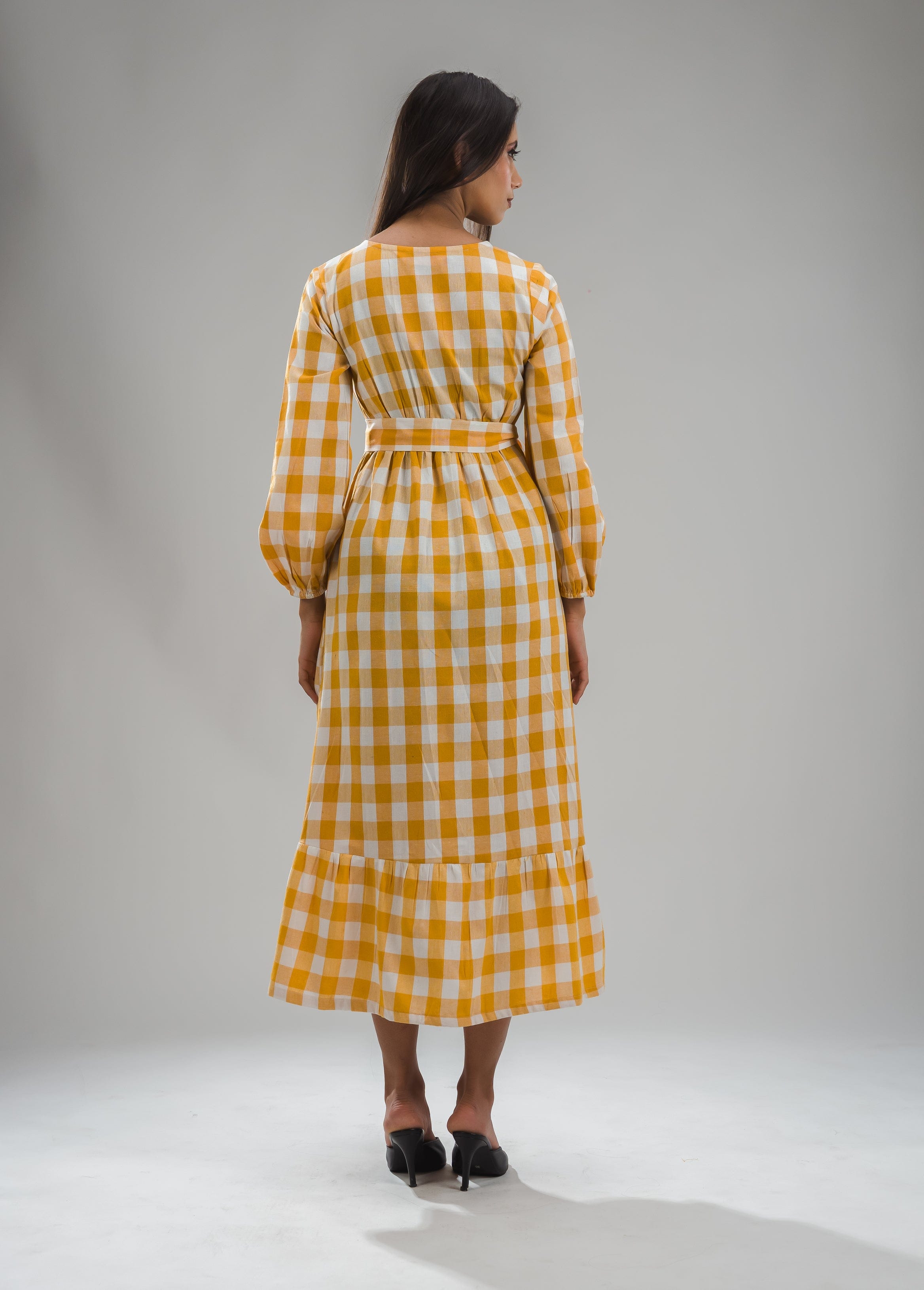 Gingham Full Dress - Orange