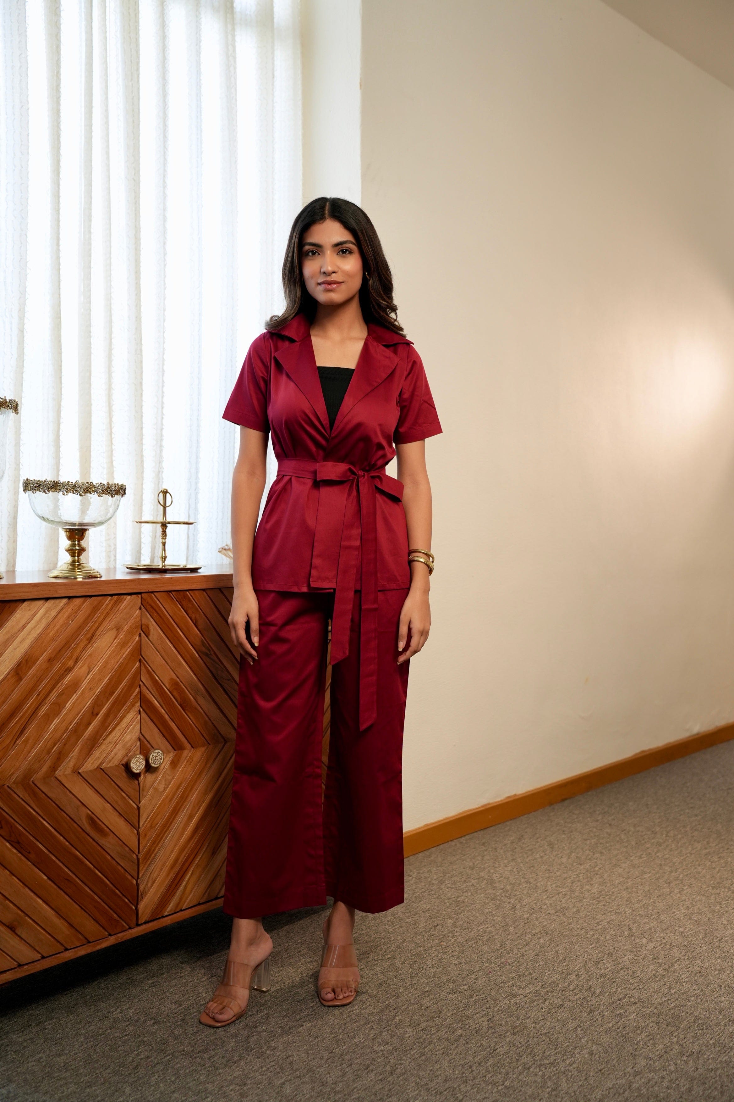 Crossover Kimono Waistcoat Set - Red