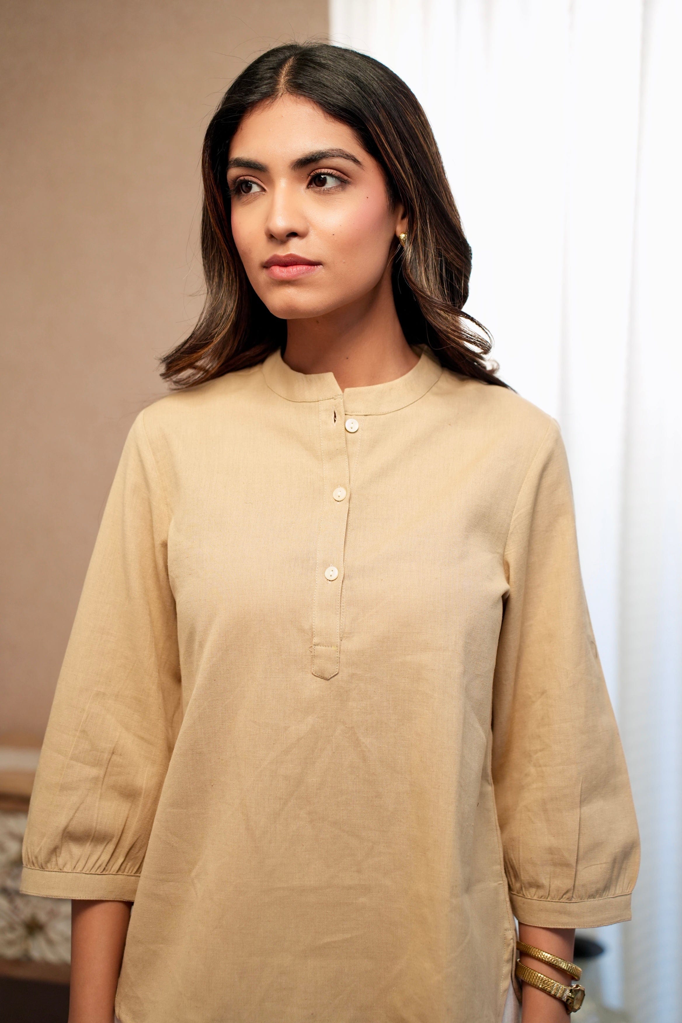 Short Linen Kurta - Khaki