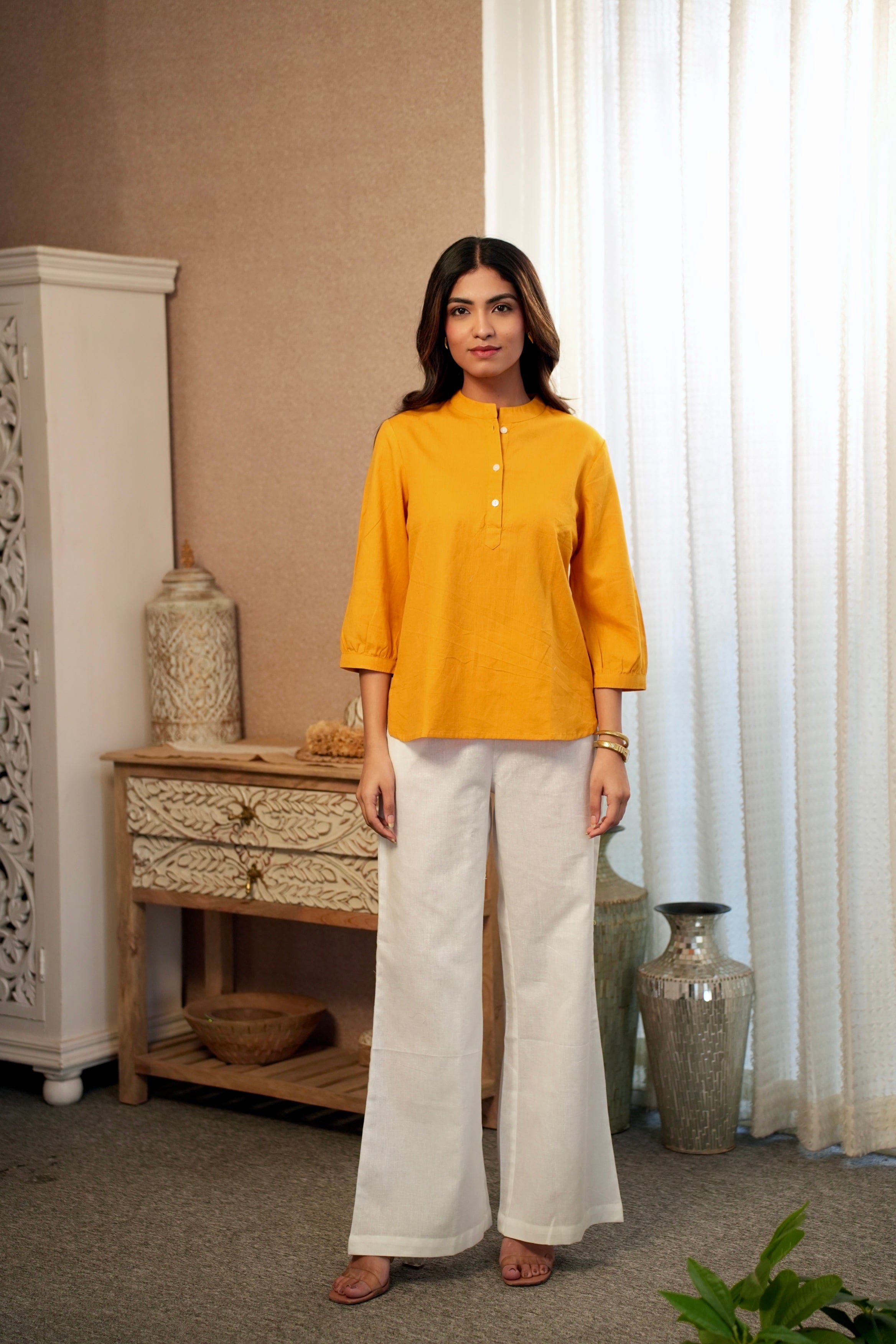 Short Linen Kurta - Yellow