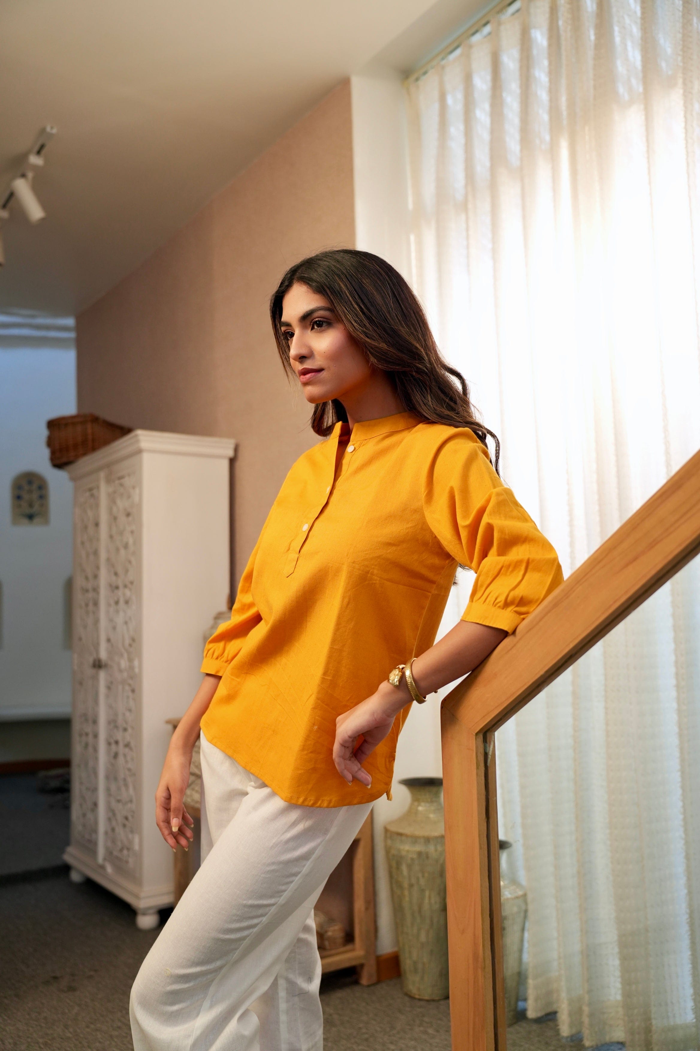 Short Linen Kurta - Yellow