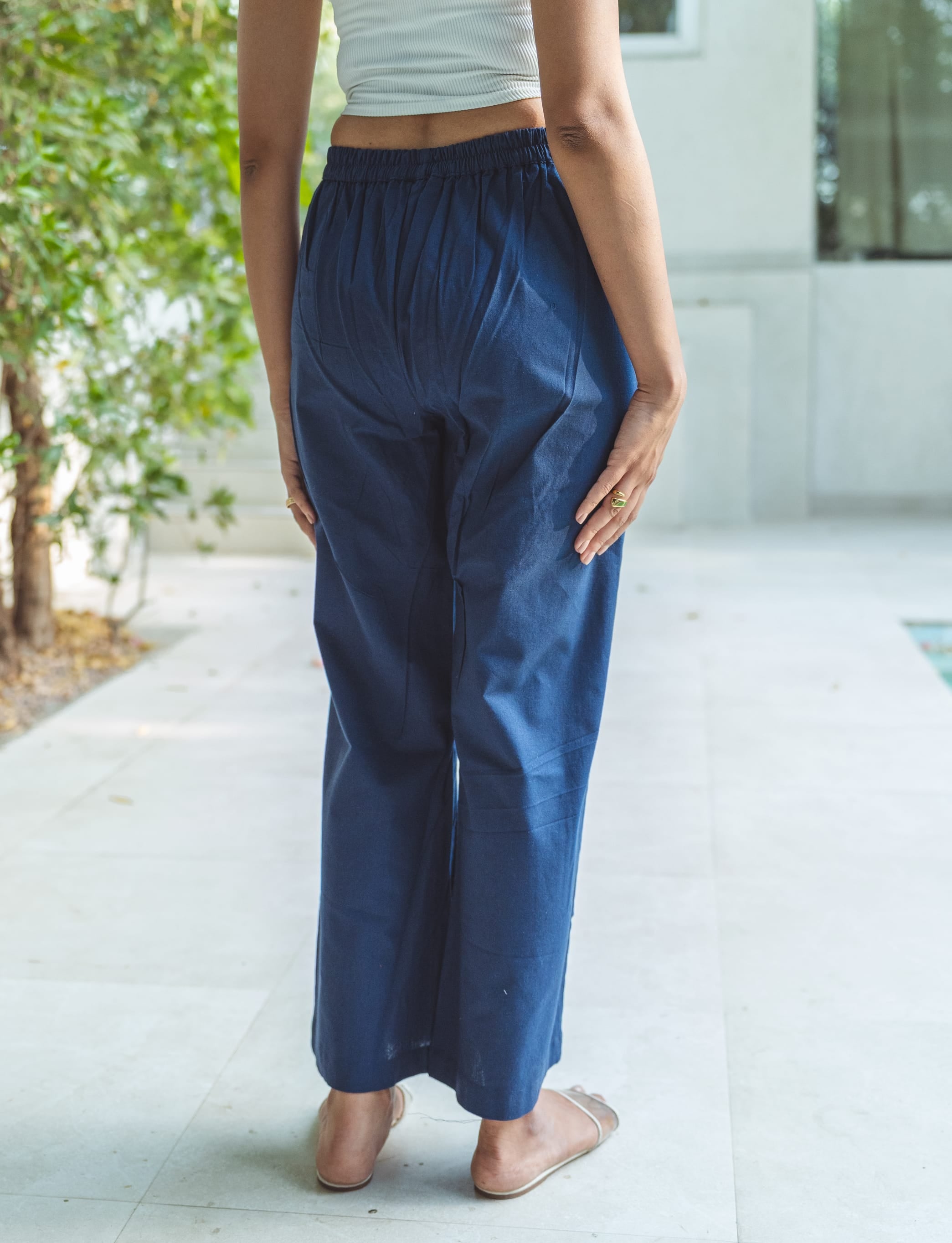 Cotton Linen Flared Pants - Midnight Blue