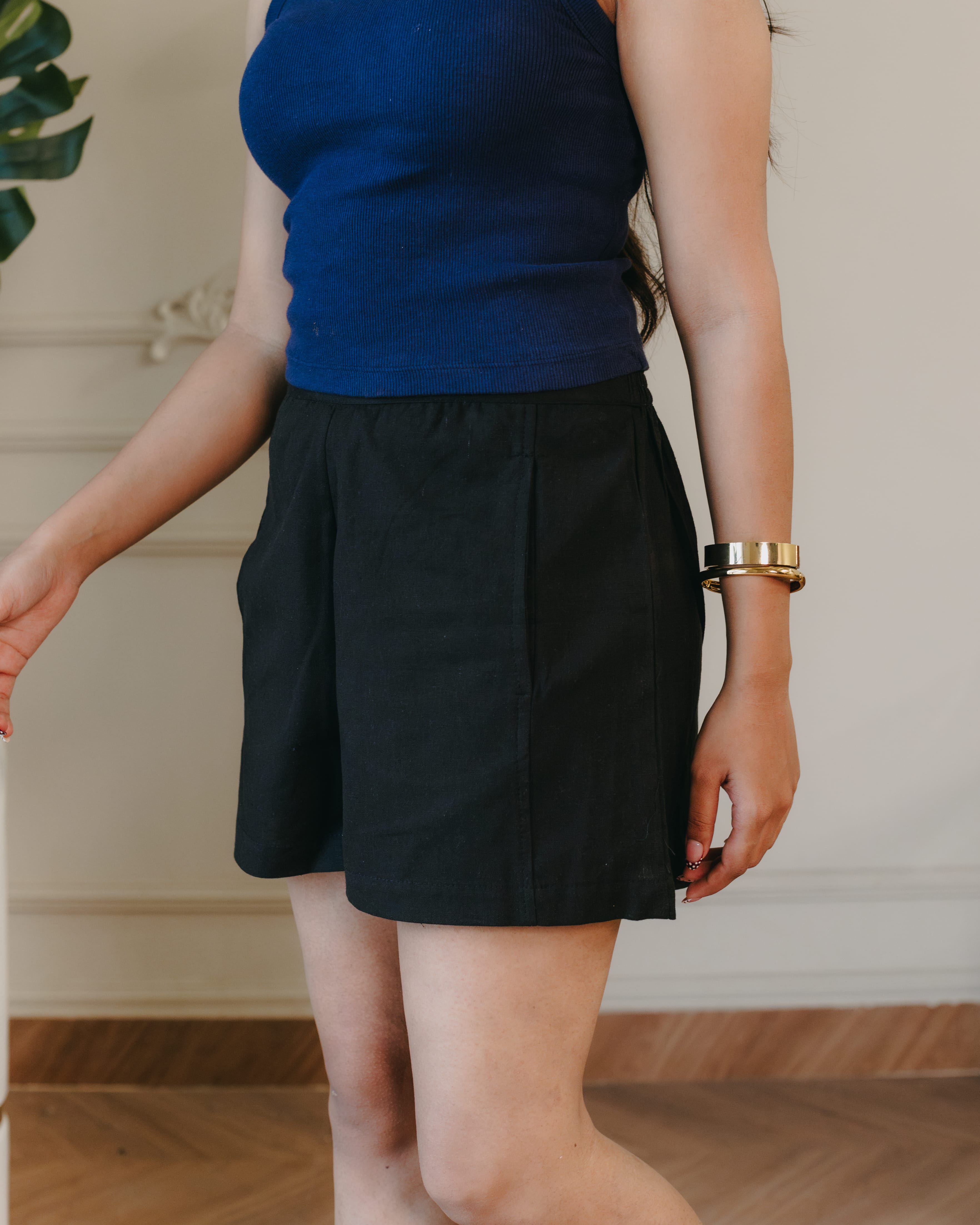 High Waist Linen Shorts - Black
