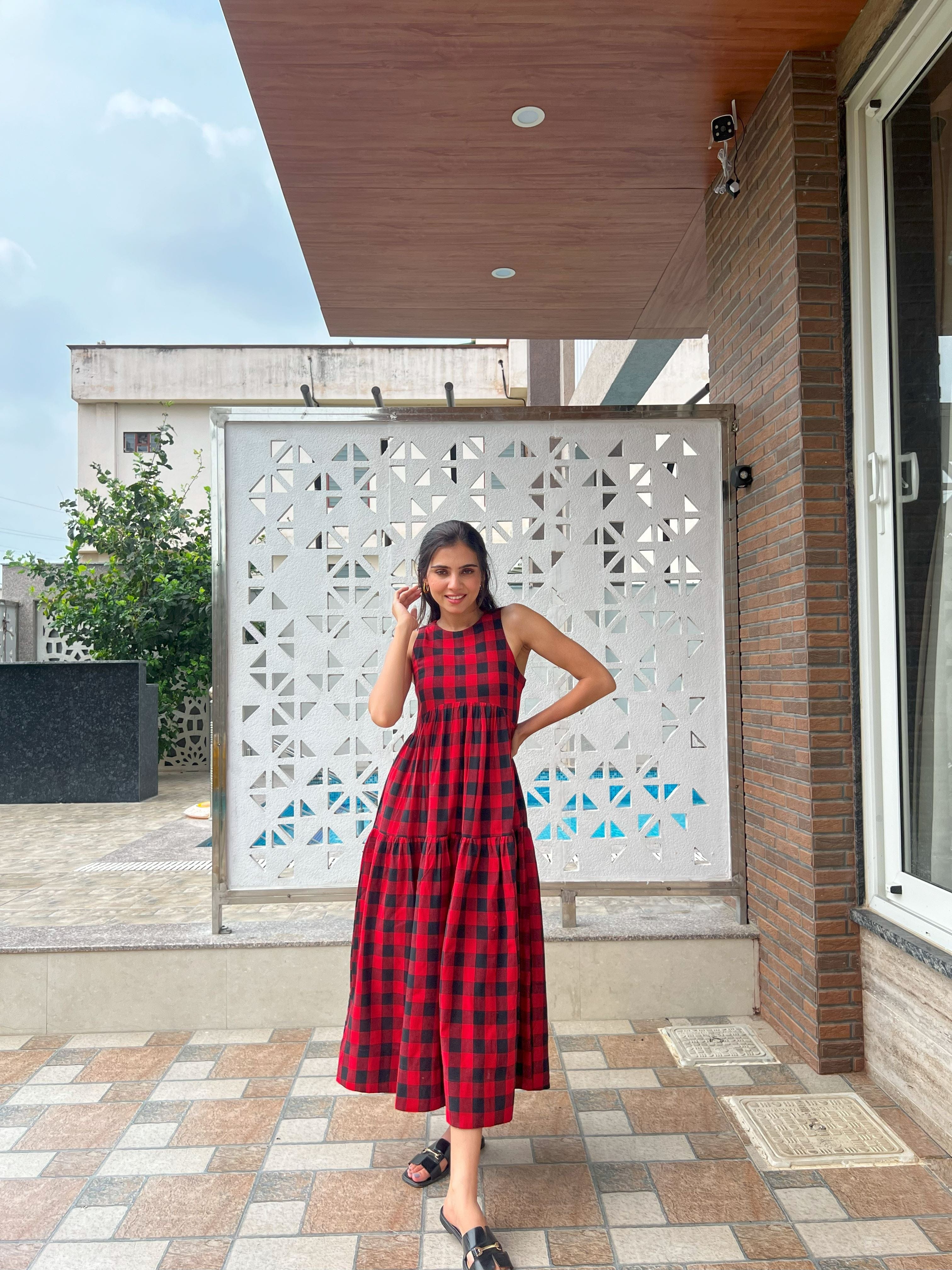 Classic A-Line Gingham Dress - Red