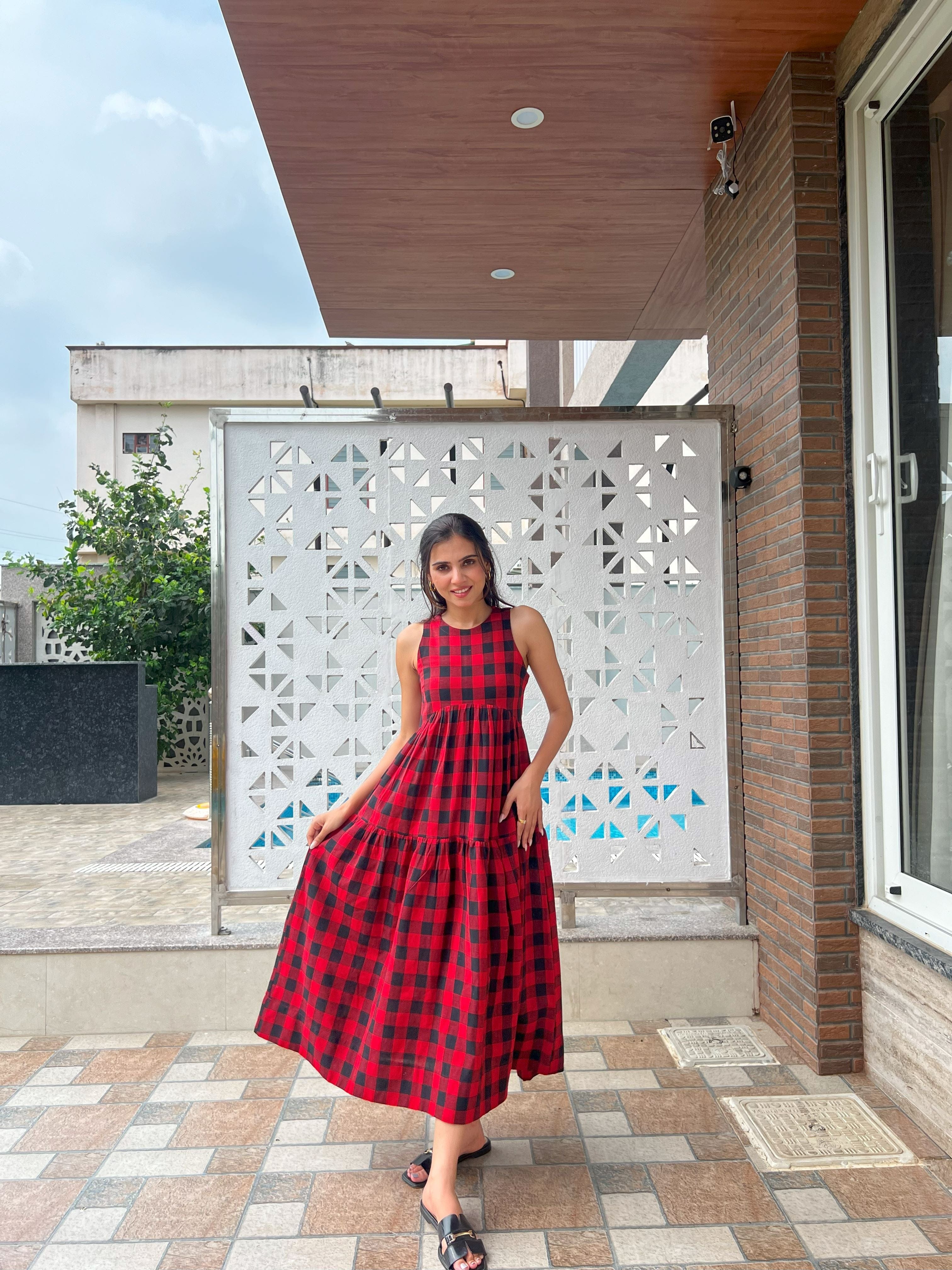Classic A-Line Gingham Dress - Red