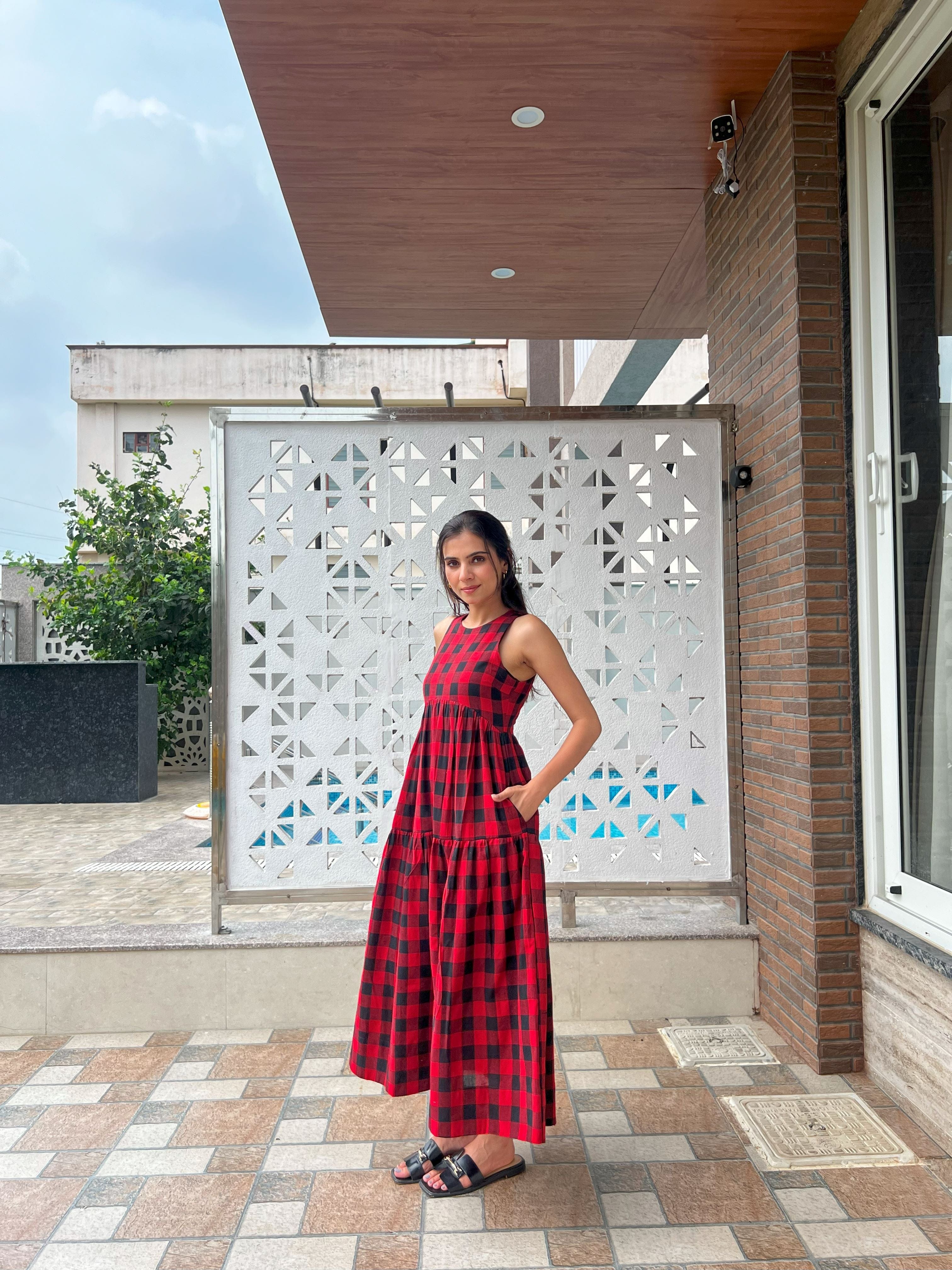 Classic A-Line Gingham Dress - Red