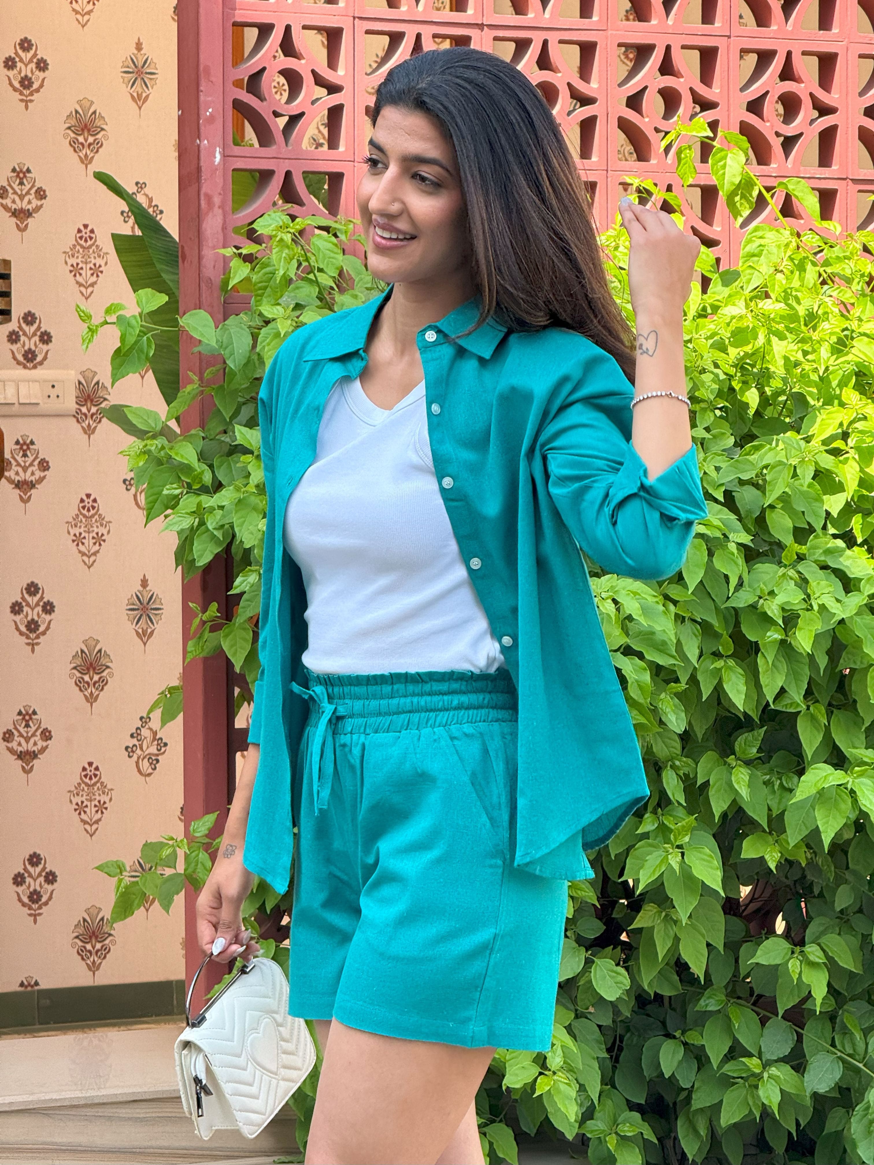 Teal Oversized Cotton Shirt & Shorts Set