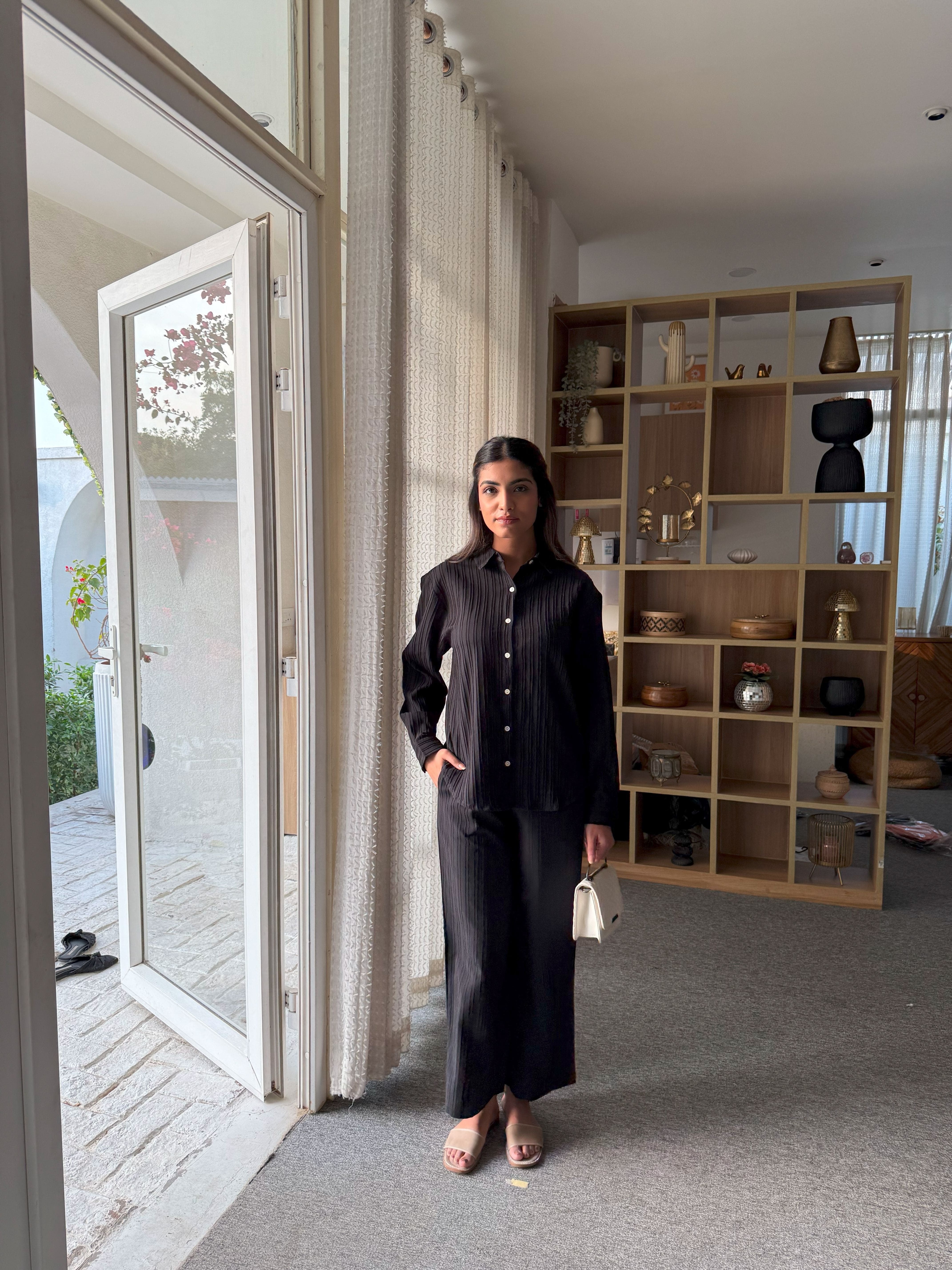 Black Knitted Shirt & Pants Set - Black