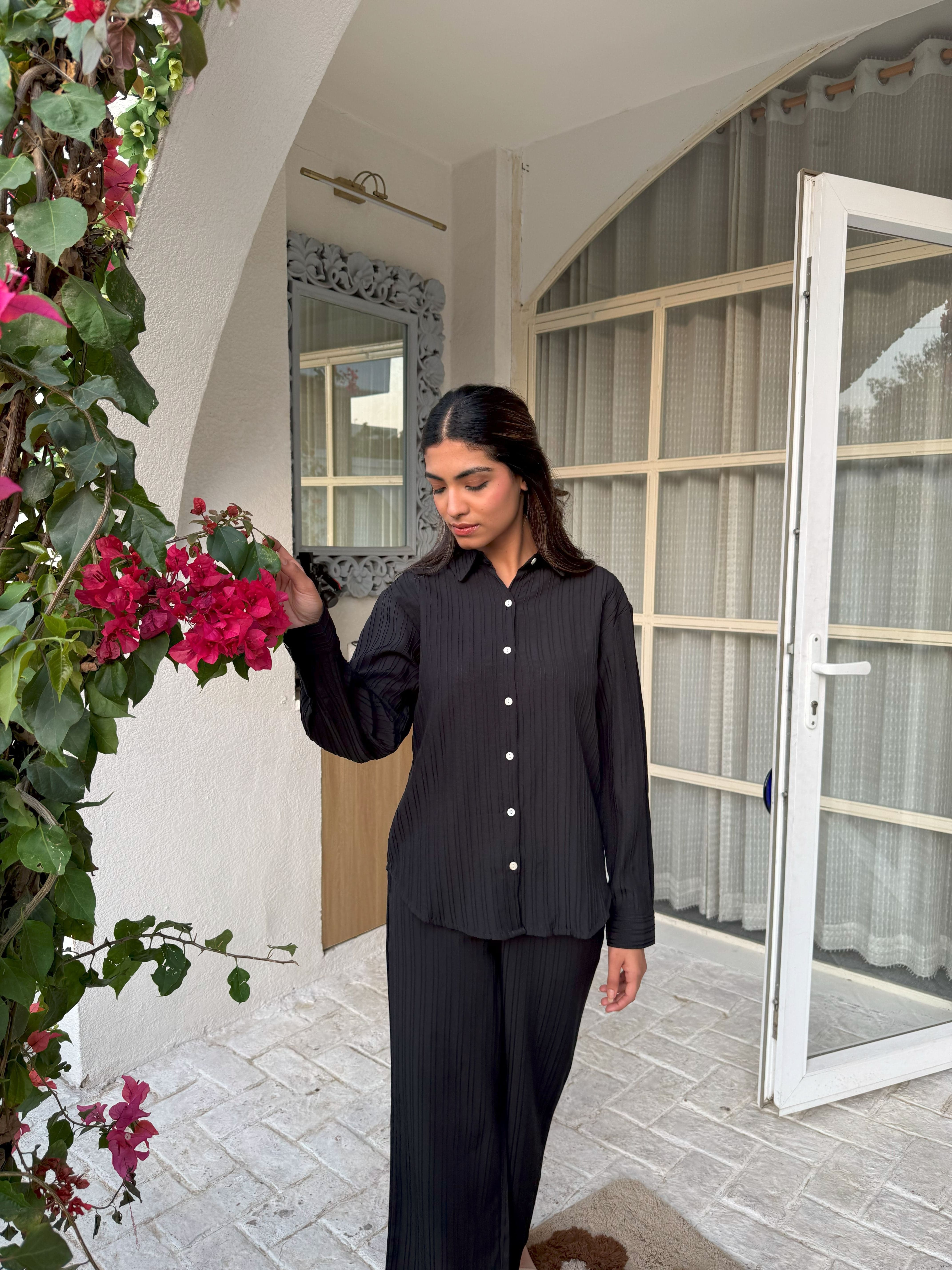 Black Knitted Shirt & Pants Set - Black