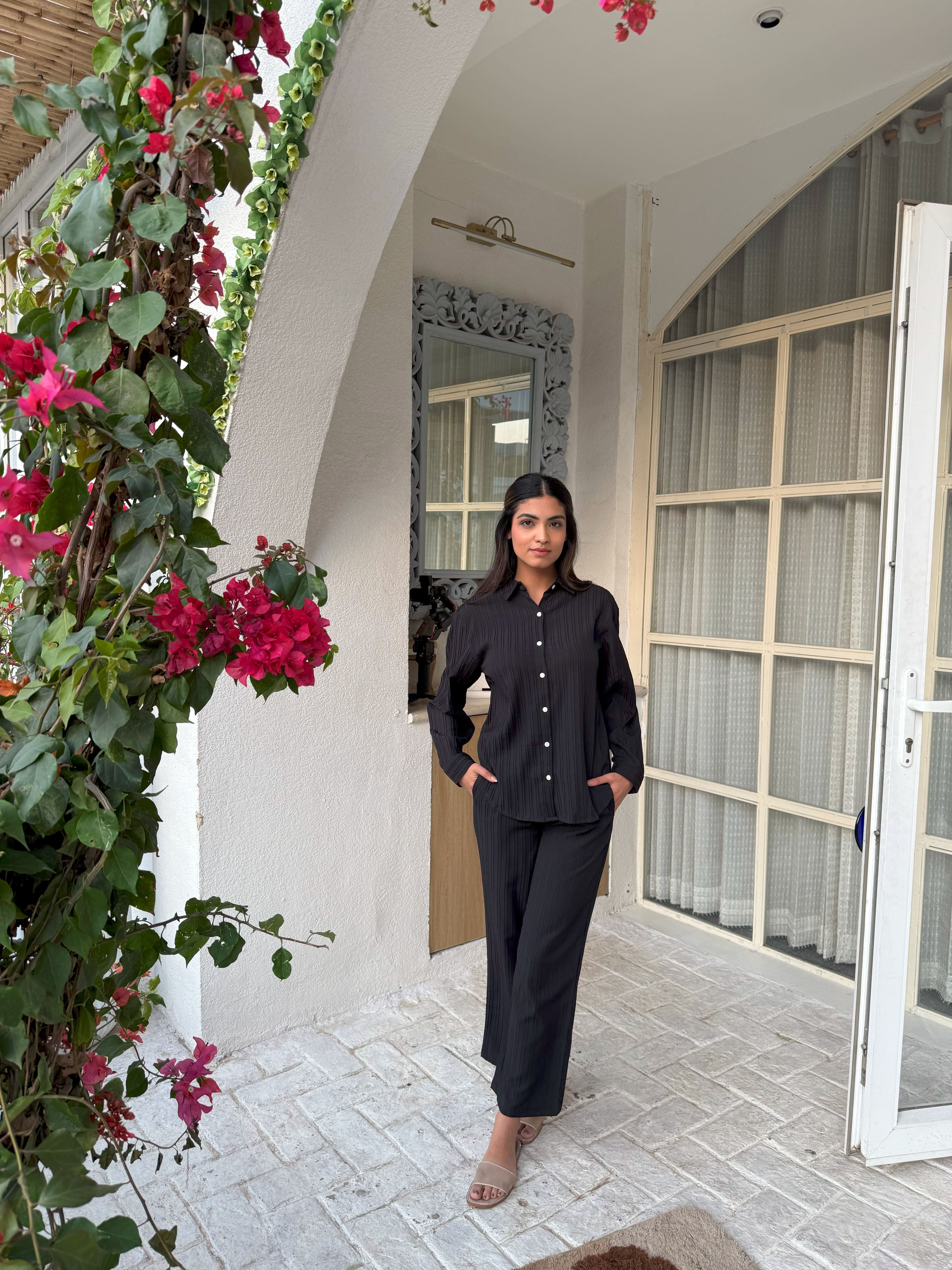 Black Knitted Shirt & Pants Set - Black