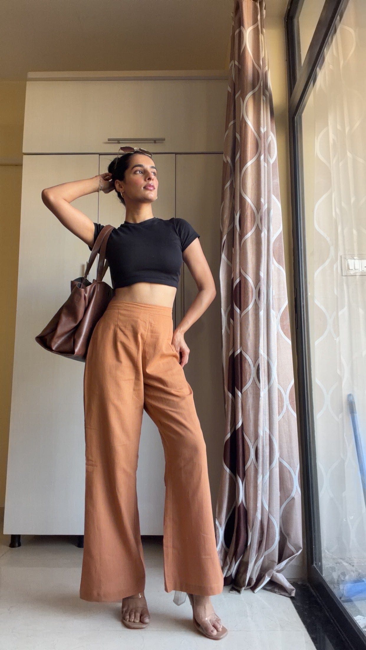 Cotton Linen Flared Pants - Camel