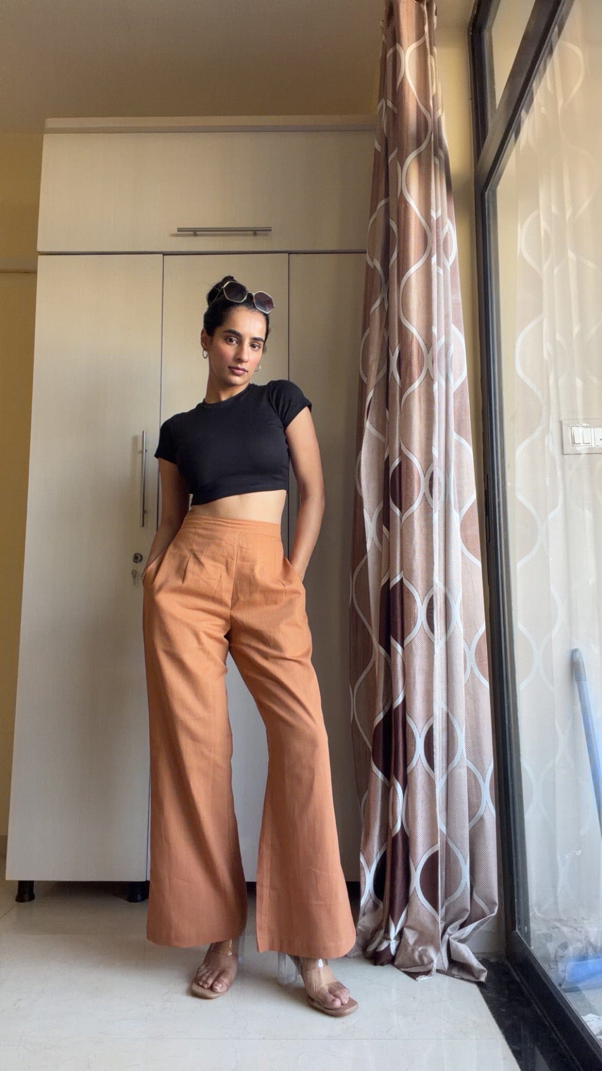 Cotton Linen Flared Pants - Camel