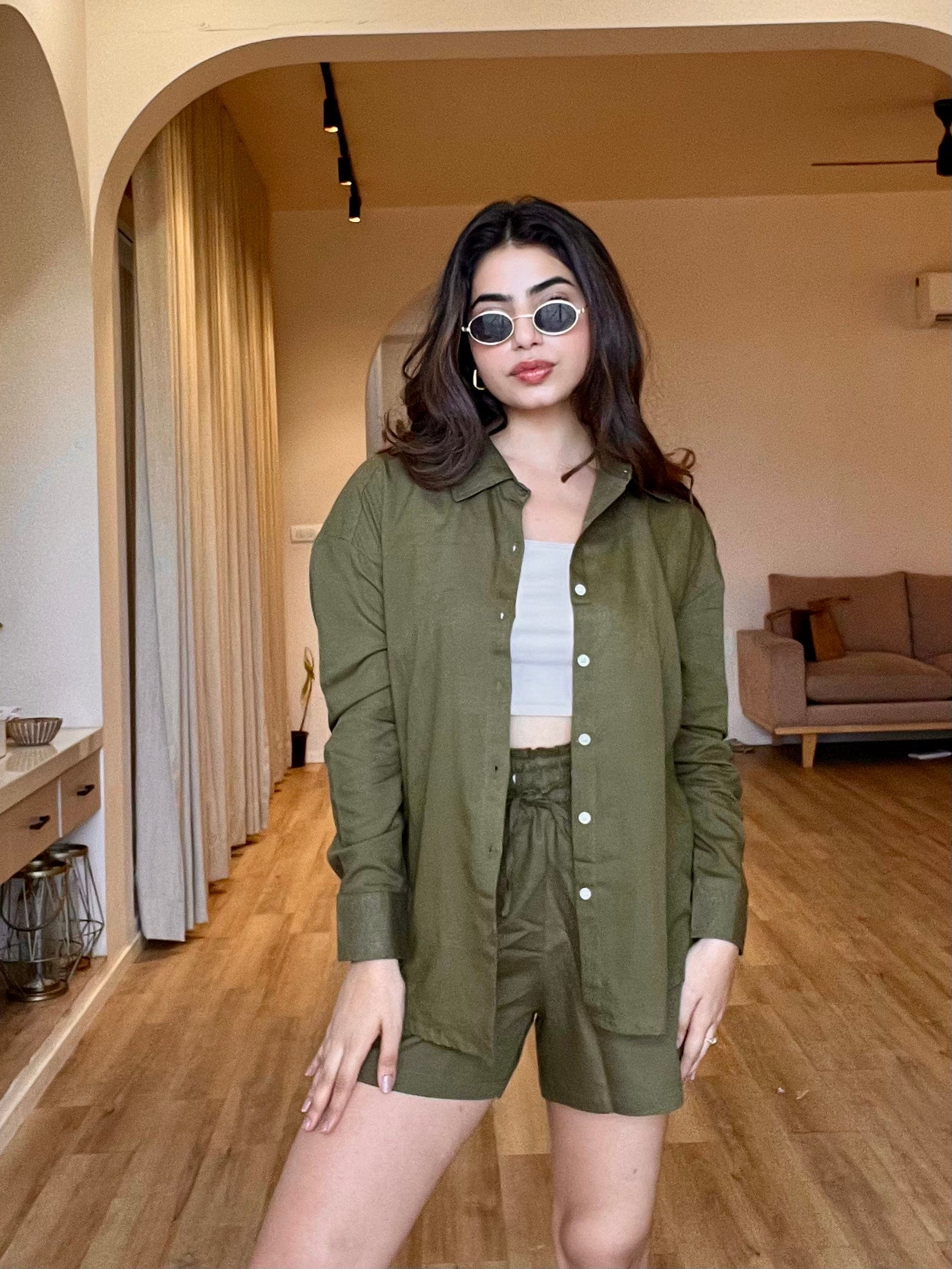 Olive Green Oversized Cotton Shirt & Shorts Set
