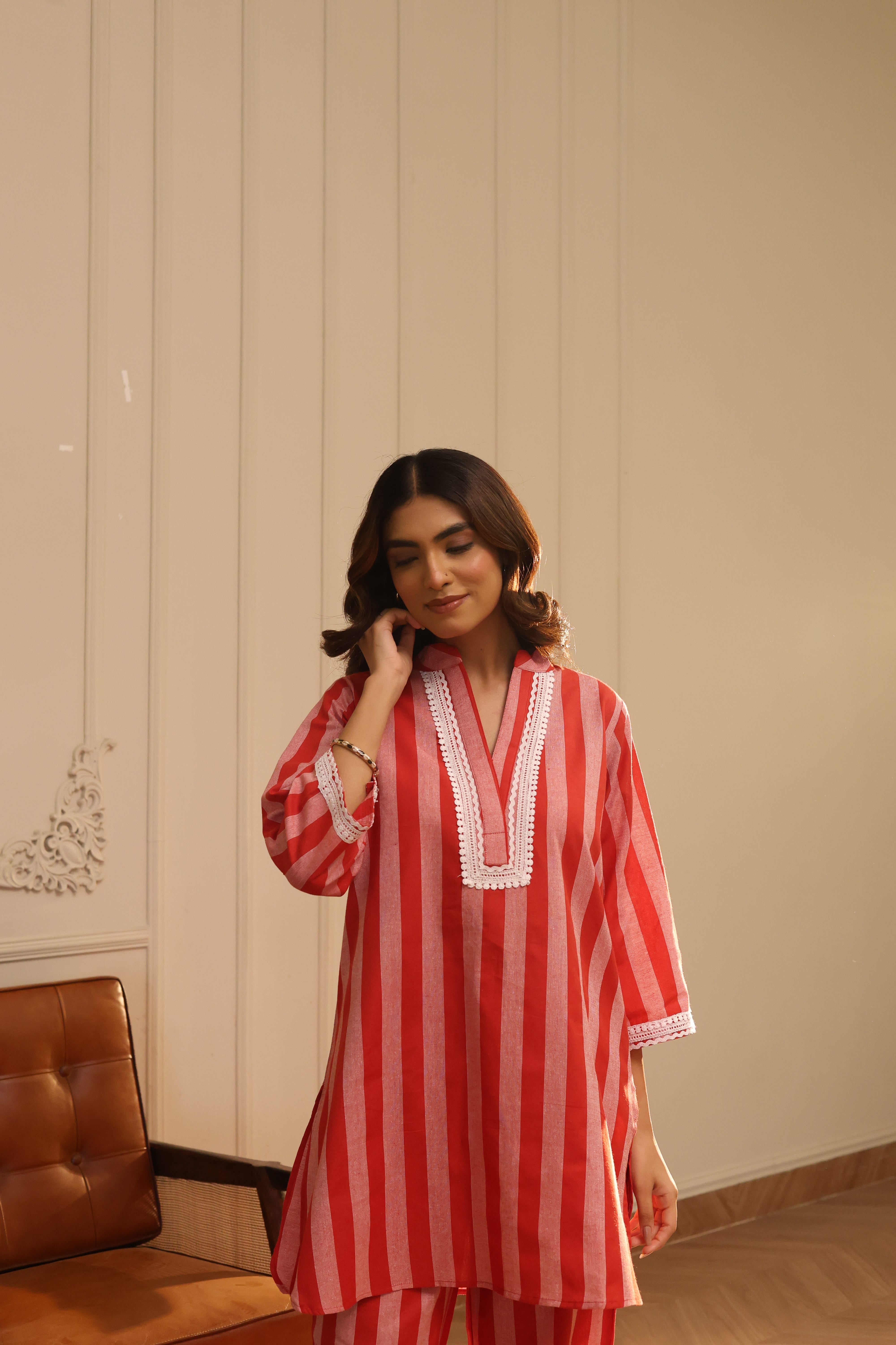 Cotton Striped Co-ord Set with Lace Detail - Red