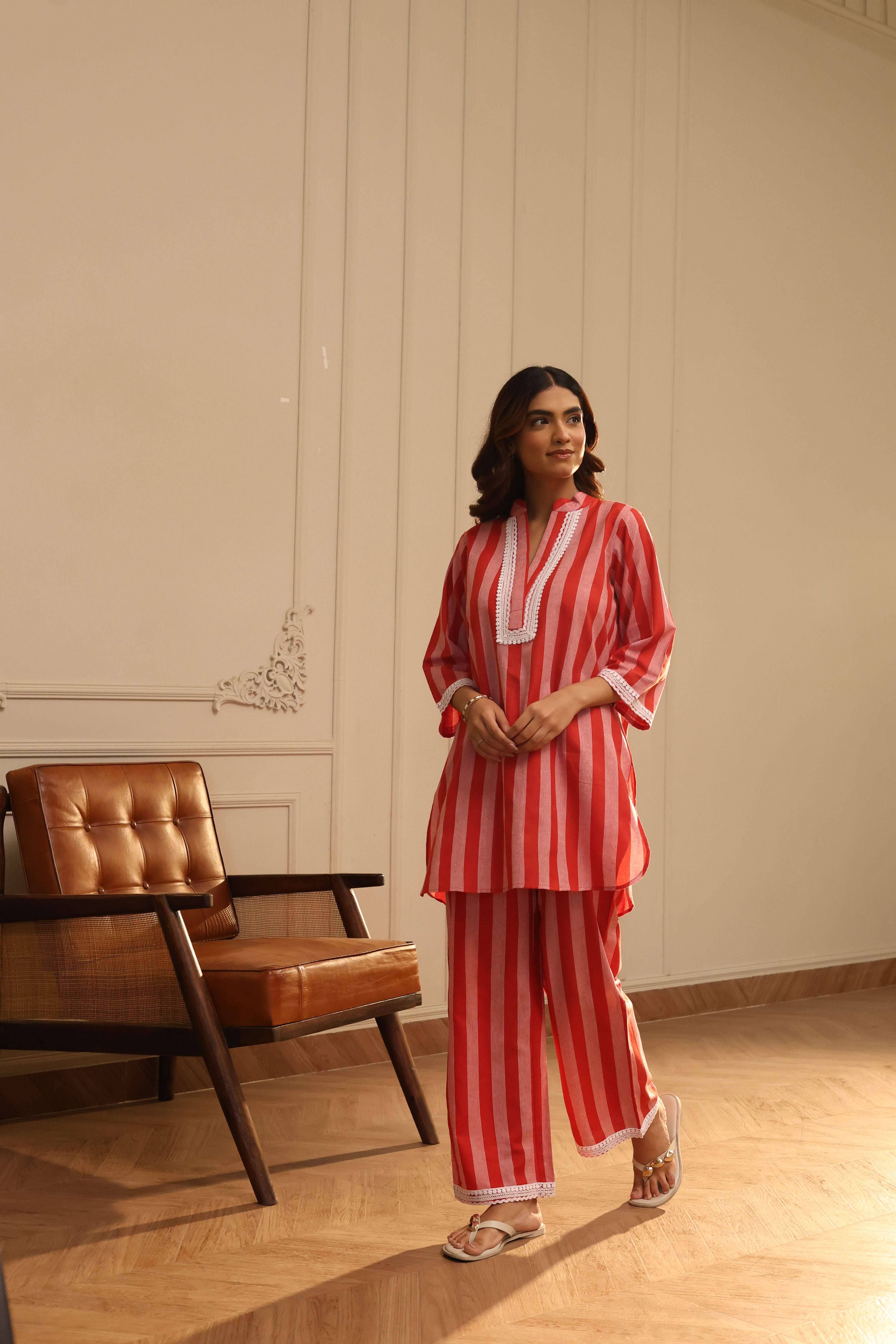 Cotton Striped Co-ord Set with Lace Detail - Red