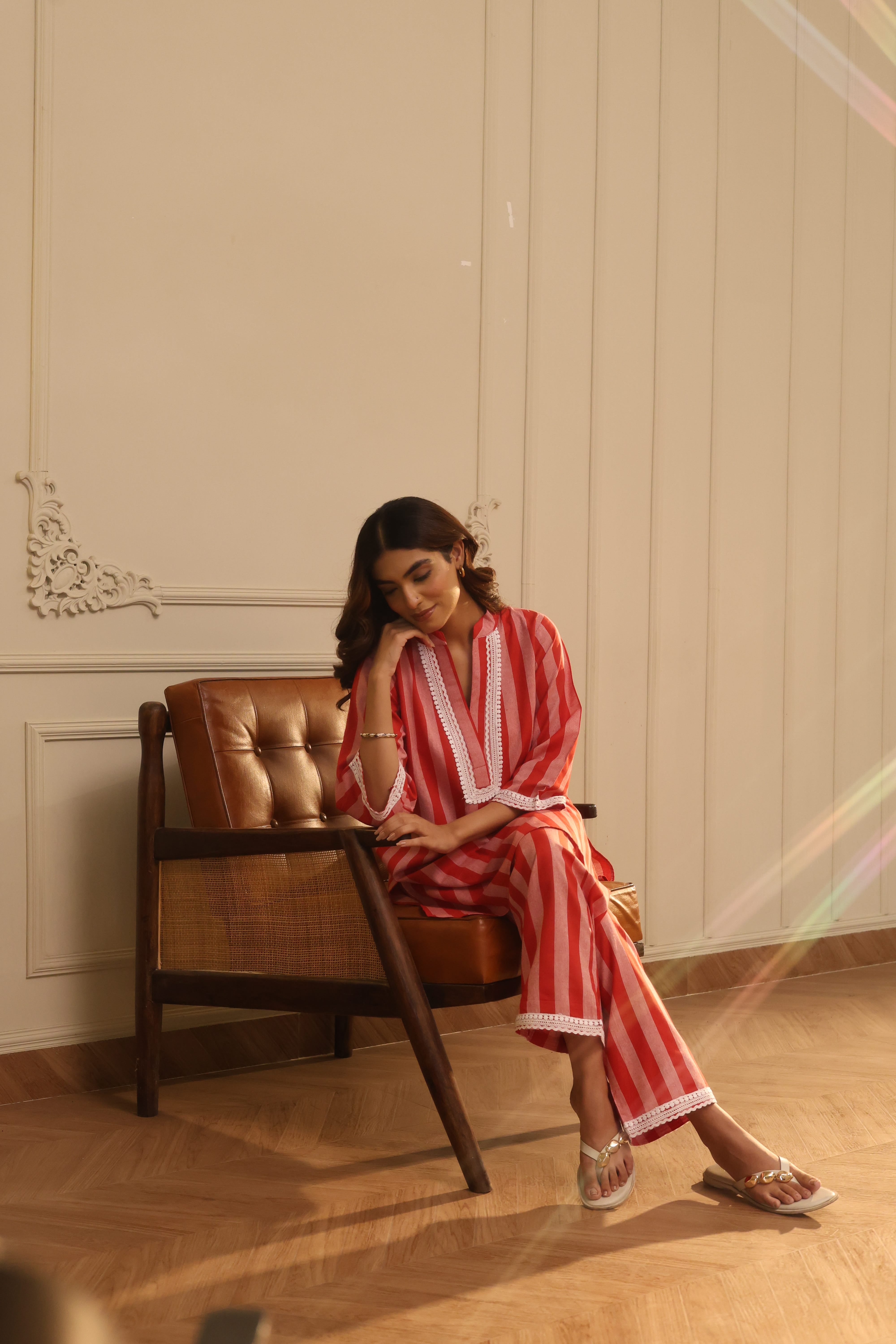 Cotton Striped Co-ord Set with Lace Detail - Red