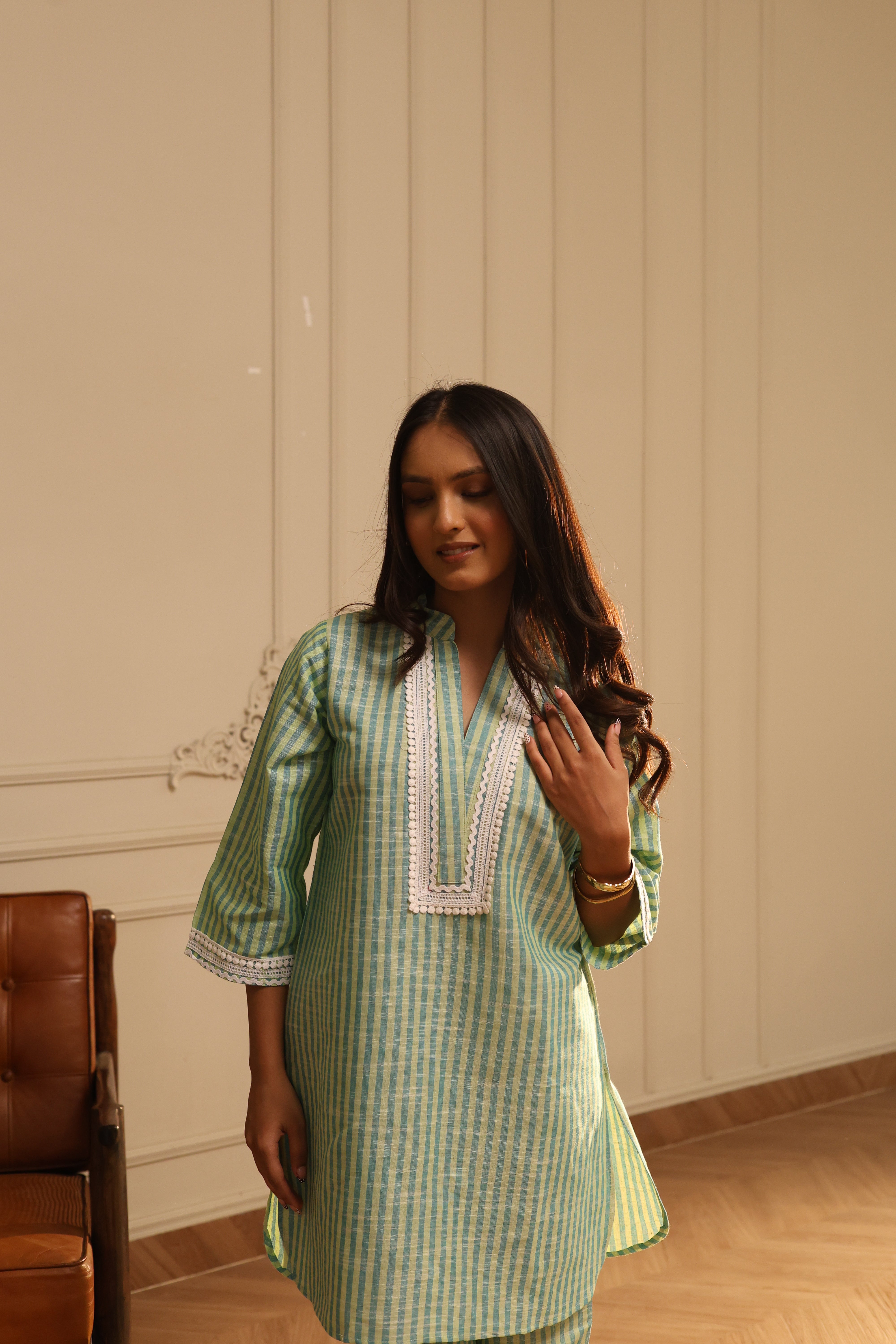 Cotton Striped Co-ord Set with Lace Detail - Green