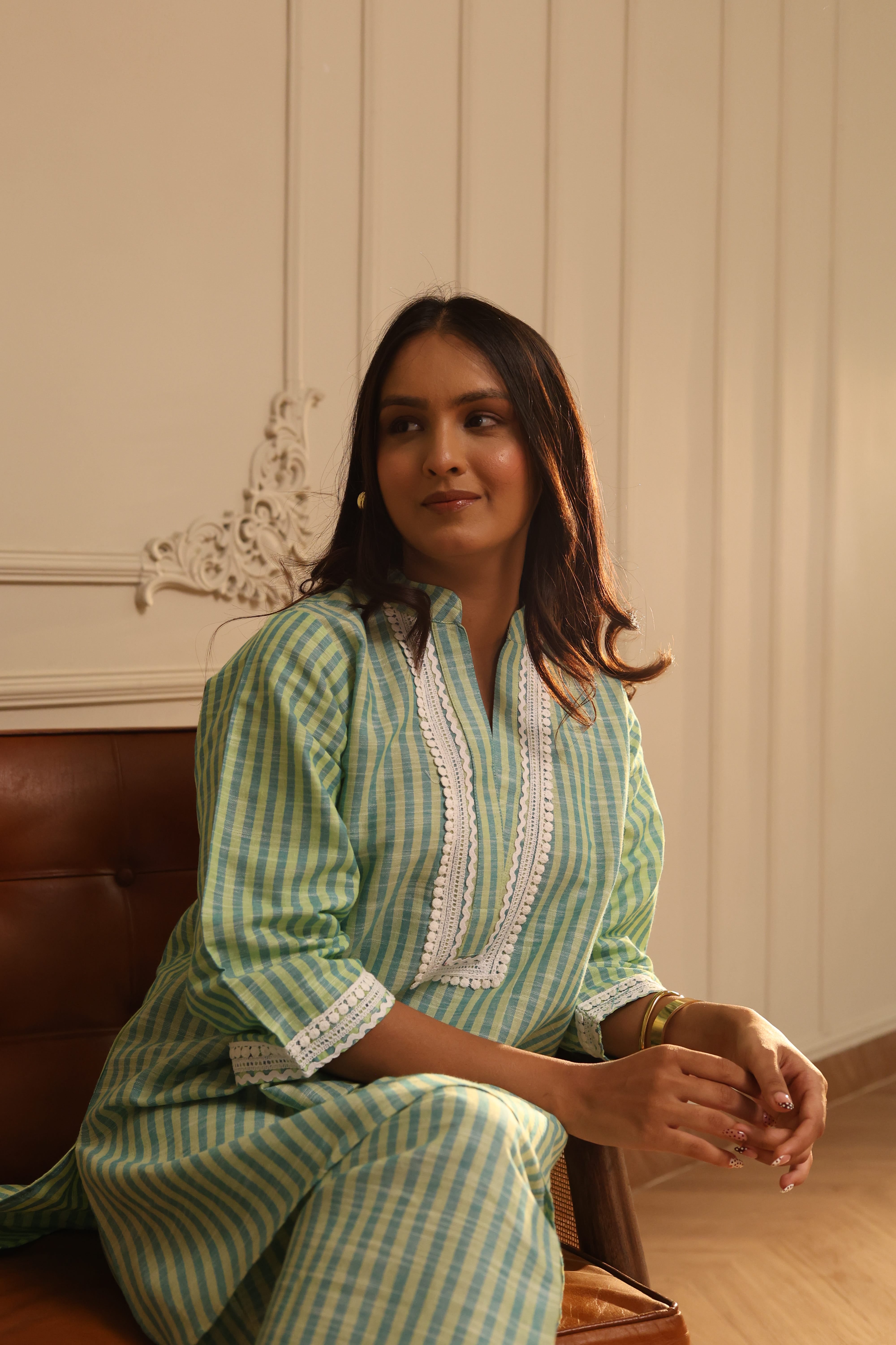 Cotton Striped Co-ord Set with Lace Detail - Green