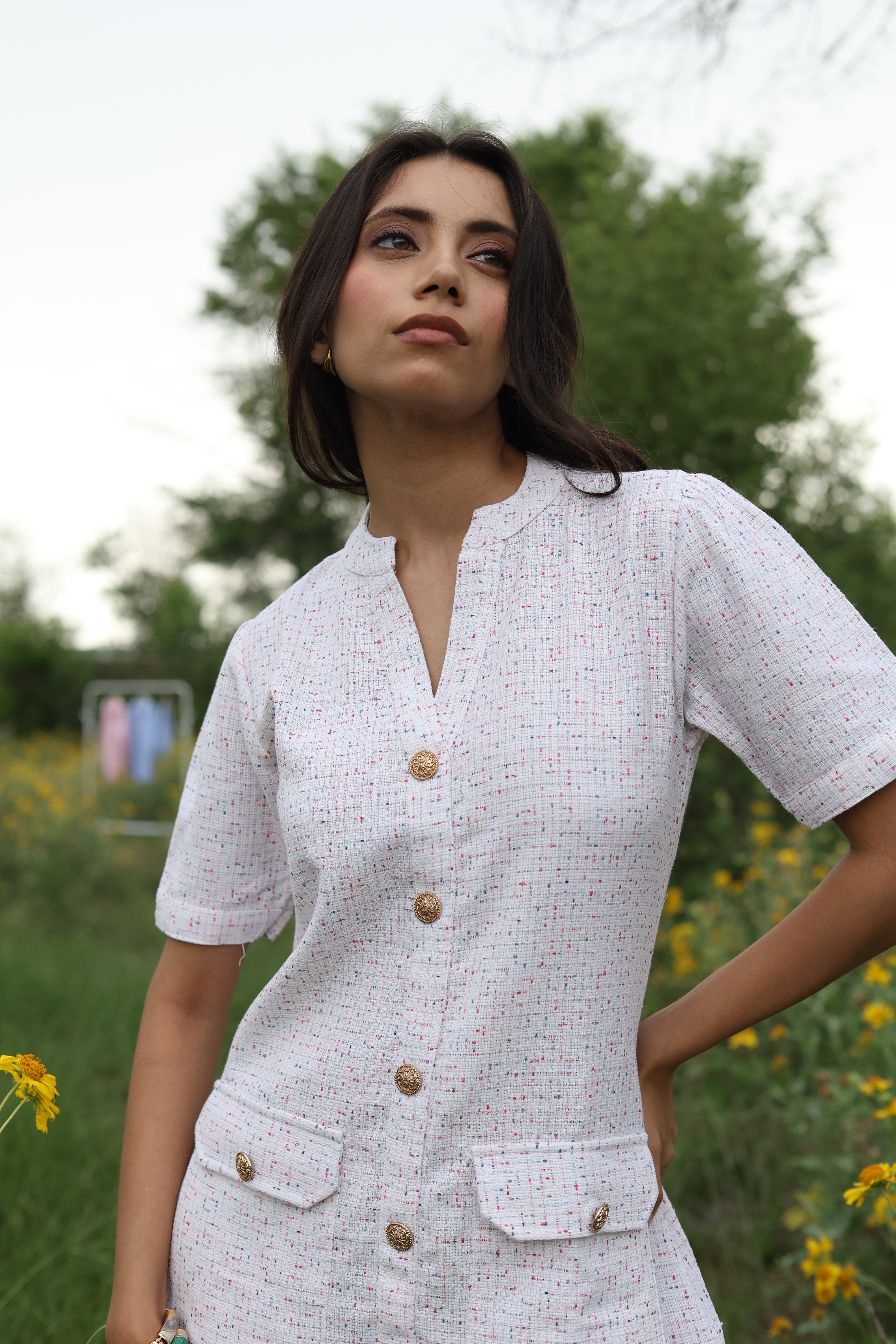 Textured Button-Down Dress - Ivory Confetti