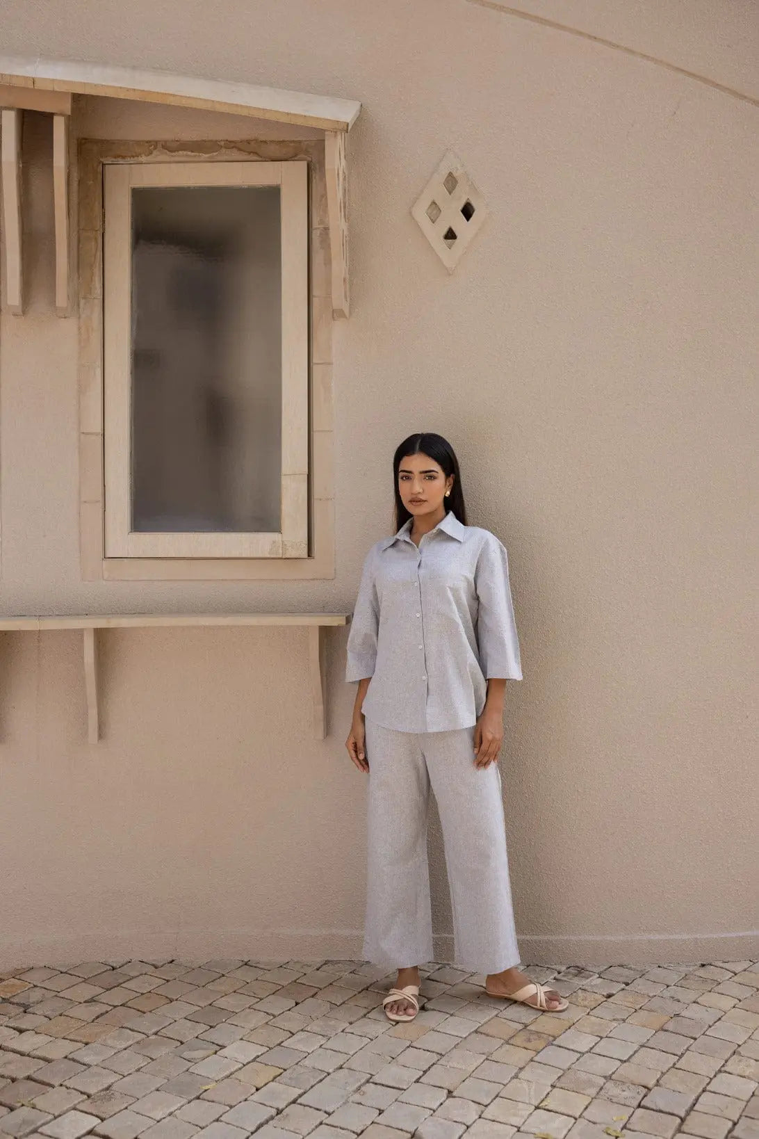 Bell Sleeves Shirt & Pants Set - Cloudy Gray