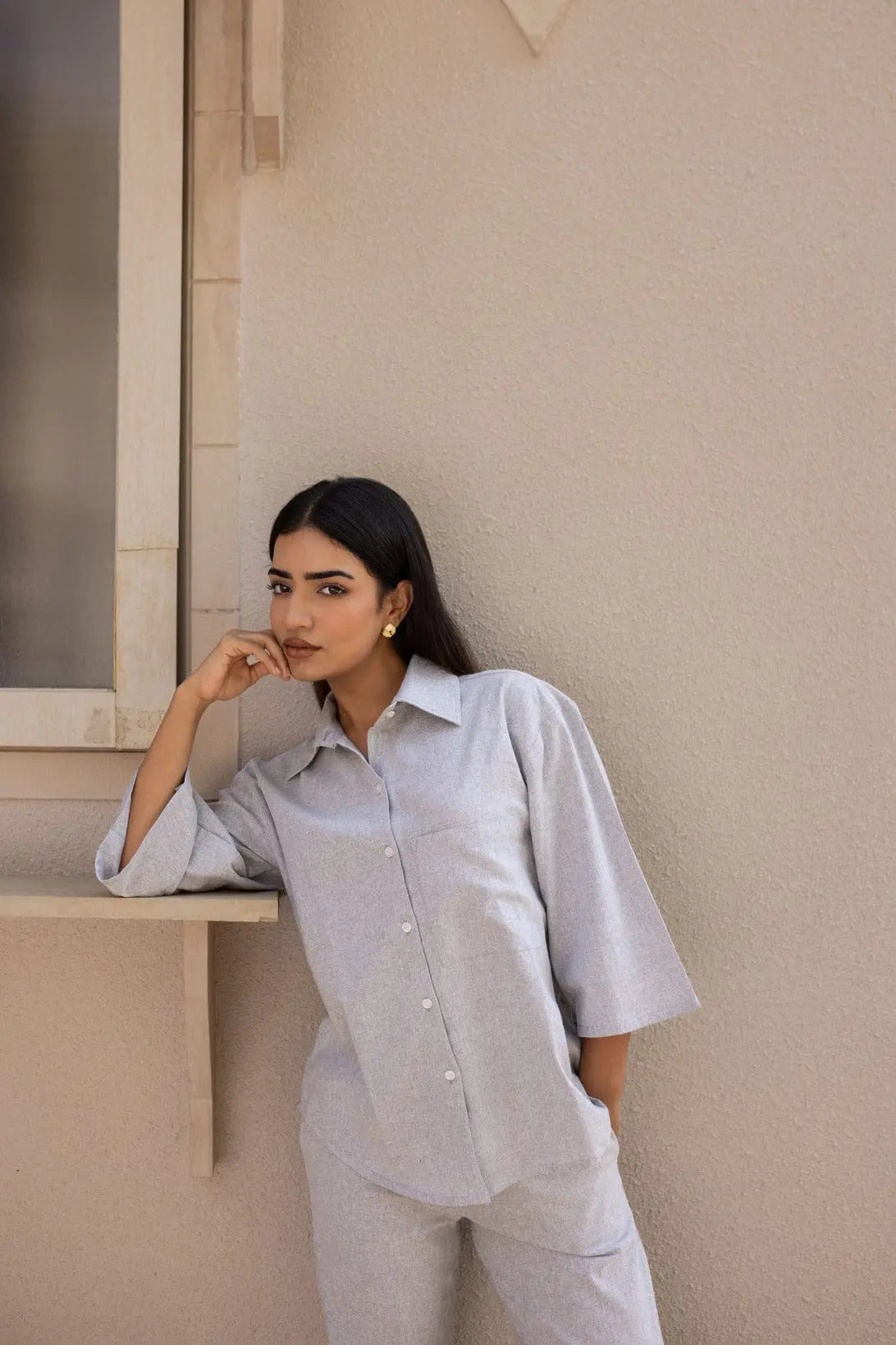 Bell Sleeves Shirt & Pants Set - Cloudy Gray