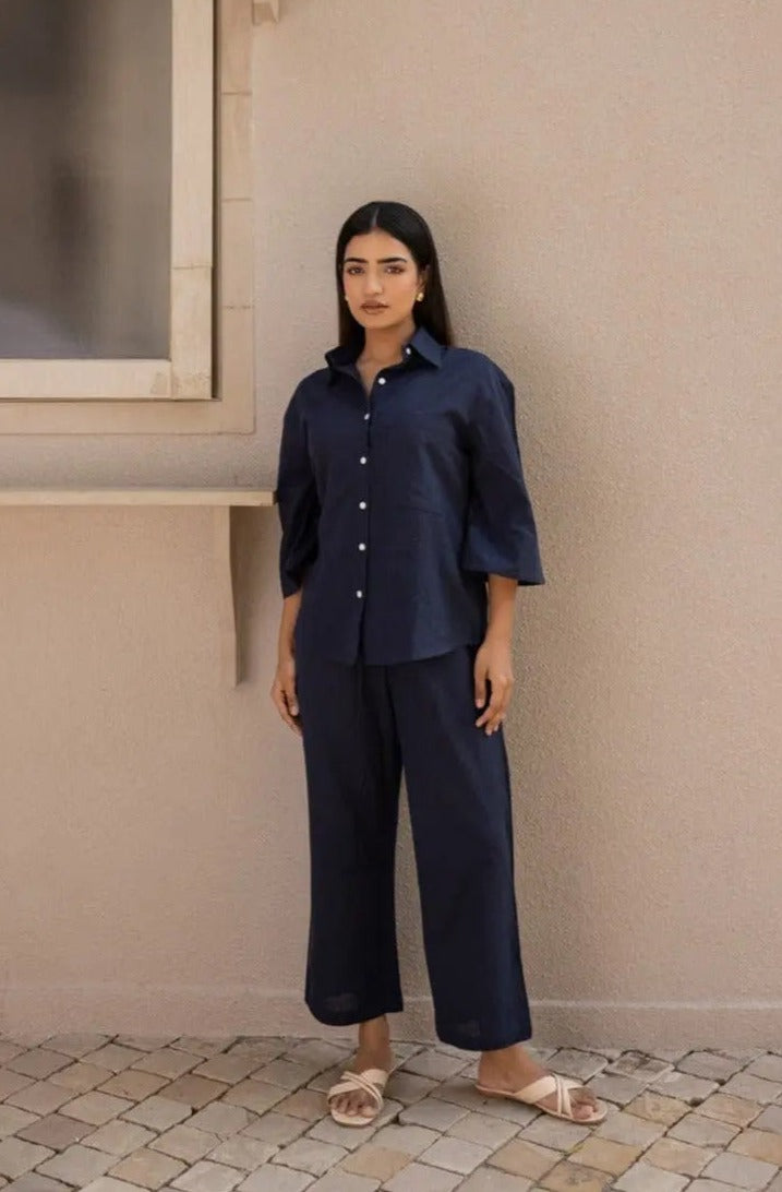 Midnight Blue Bell Sleeves Shirt & Pants Set
