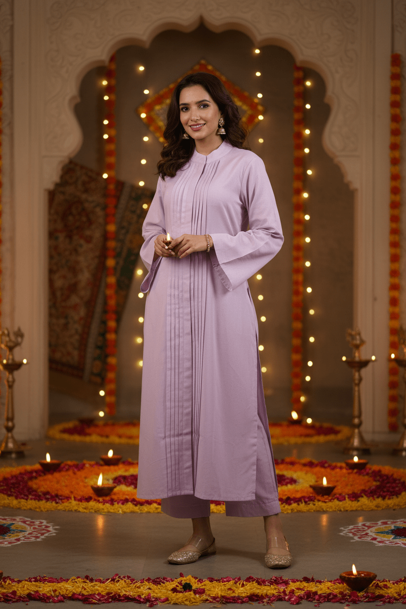 Pleated Long Kurta - Lavender Mist