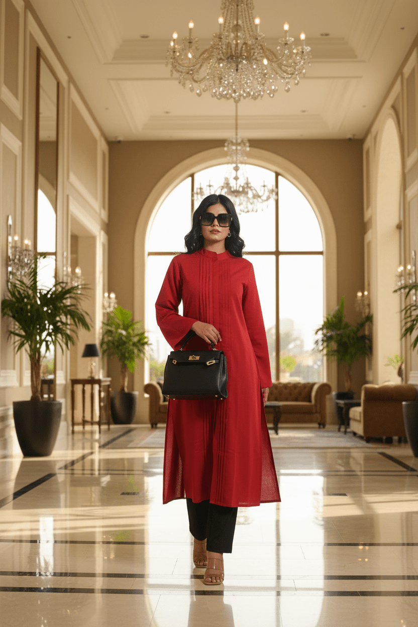 Pleated Long Kurta - Red