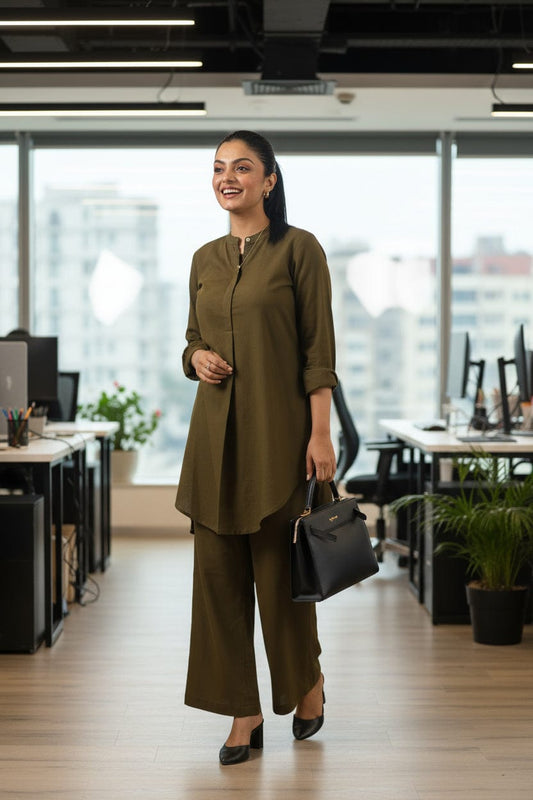 High Low Midi Kurta - Olive Green