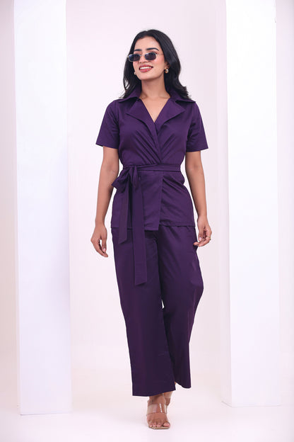 Royal Purple Kimono Top with Belt and Pants Set